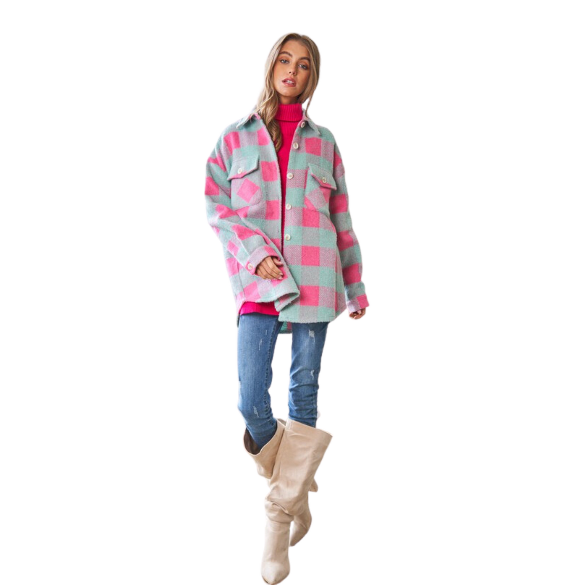 The Plaid Button Down Shacket features multi-checker plaid, chest pockets, and a button-down shirt jacket design in pink and grey. The shacket is made from high-quality, breathable materials for comfort and durability.