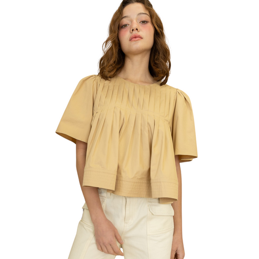 Introducing the Heyson Pleated Short Sleeve Top in a chic camel color. The timeless pleated design adds texture, while the short sleeves provide a breezy feel. Elevate your wardrobe with this expertly crafted top from Heyson.