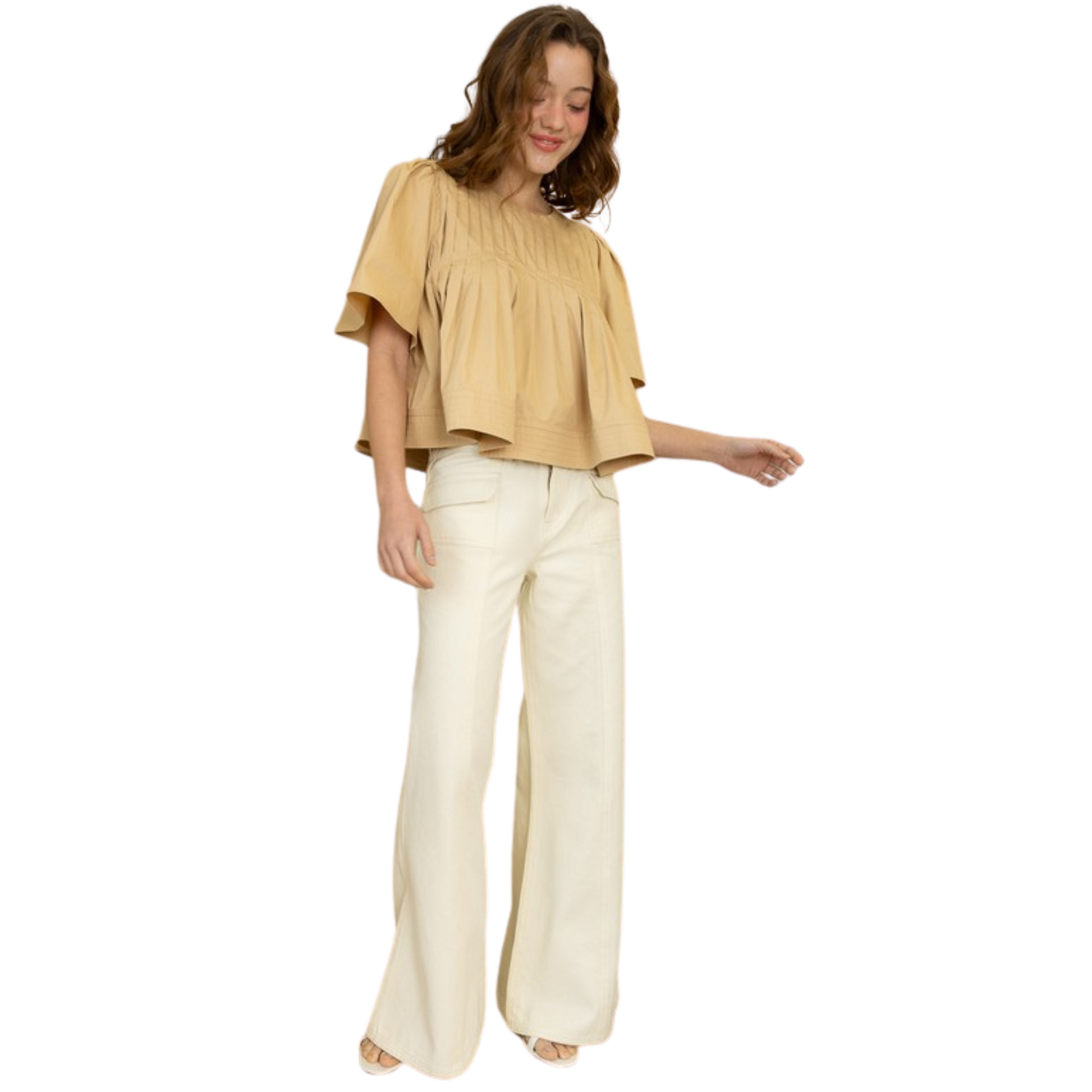 Introducing the Heyson Pleated Short Sleeve Top in a chic camel color. The timeless pleated design adds texture, while the short sleeves provide a breezy feel. Elevate your wardrobe with this expertly crafted top from Heyson.
