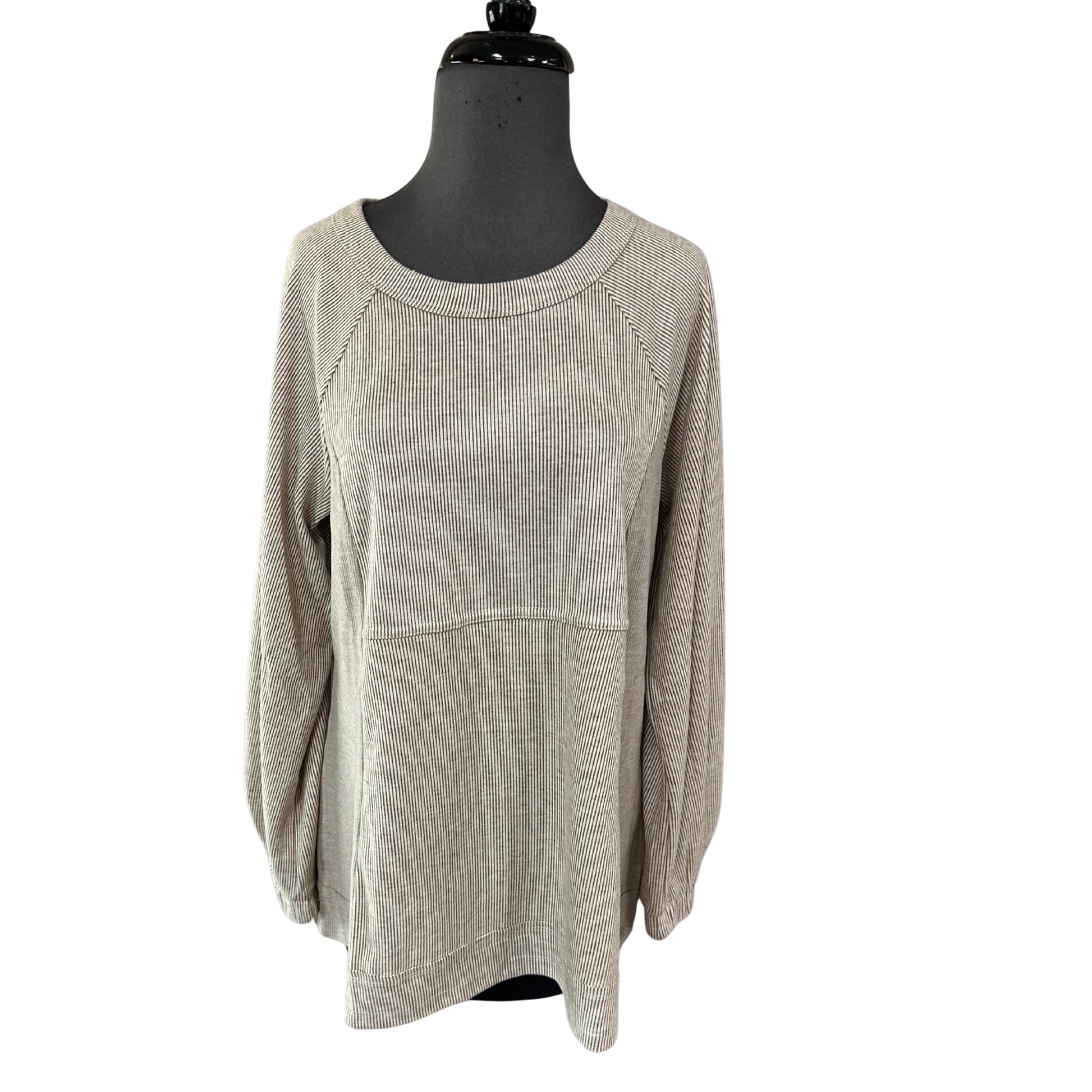 Introducing the Pleat Sleeve Stripe Mix Top by Doe &amp; Rae. With long sleeves and a combination of beige and white stripes, this top offers a chic and versatile option for your wardrobe. The unique pleated sleeves add an elegant touch, making this top a must-have for any fashion-forward individual.