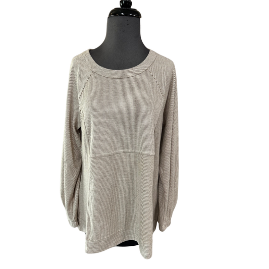 Introducing the Pleat Sleeve Stripe Mix Top by Doe &amp; Rae. With long sleeves and a combination of beige and white stripes, this top offers a chic and versatile option for your wardrobe. The unique pleated sleeves add an elegant touch, making this top a must-have for any fashion-forward individual.