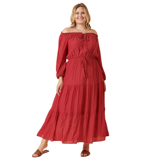 This Off-the-Shoulder Boho Maxi Dress features a woven fabric for durability and a distinctive style. The elastic tunnel neckline and tie front detail make it the perfect item for your wardrobe. The Dress is available in a dry rose color for a unique statement-making look.