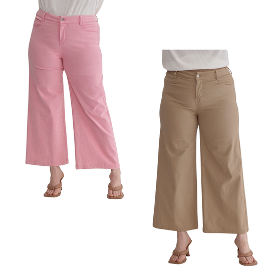 These acid wash high waisted wide leg pants are perfect for adding a stylish flare to your wardrobe. Featuring a zipper front closure, pockets at the side and back, and a lightweight, non-sheer woven fabric, these pants provide both fashion and functionality. Available in tan or pink, and even in plus sizes, these pants will be your go-to for any occasion.