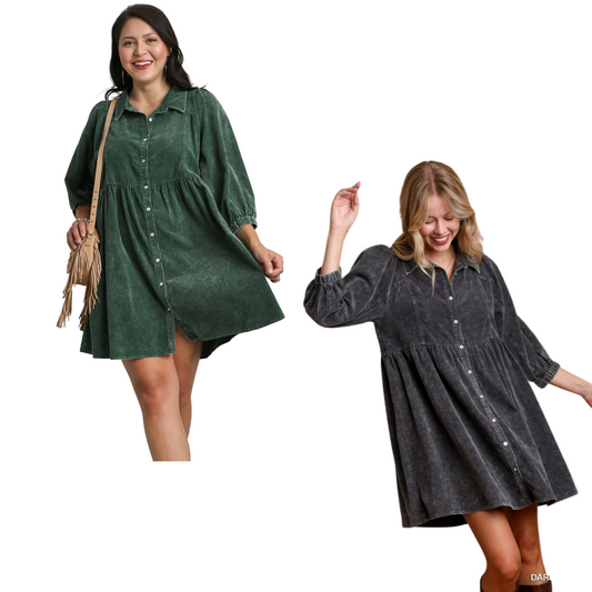 Stay comfortable and stylish in this plus size casual mineral wash corduroy dress. This dress is available in dark grey or evergreen and features a button down design. Perfect for everyday wear, it will keep you warm and fashionable.