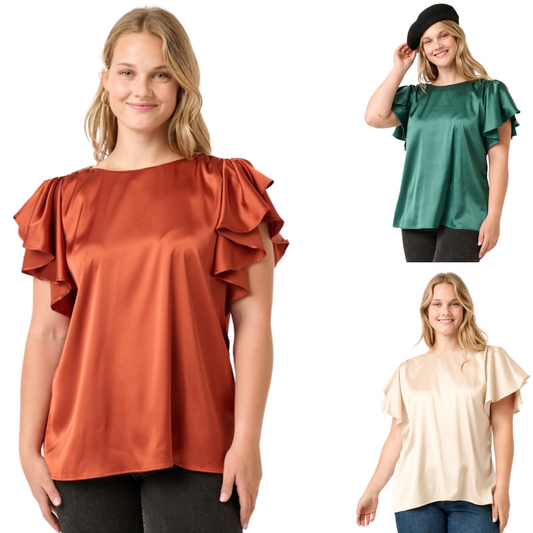 This sophisticated plus size satin blouse offers flattering fit and feminine style. It features a round neck, keyhole back, and button closure. Short flutter sleeves and a curved hem provide the perfect finishing touches. Choose from hunter green, rust, or sand to elevate your chic look. 