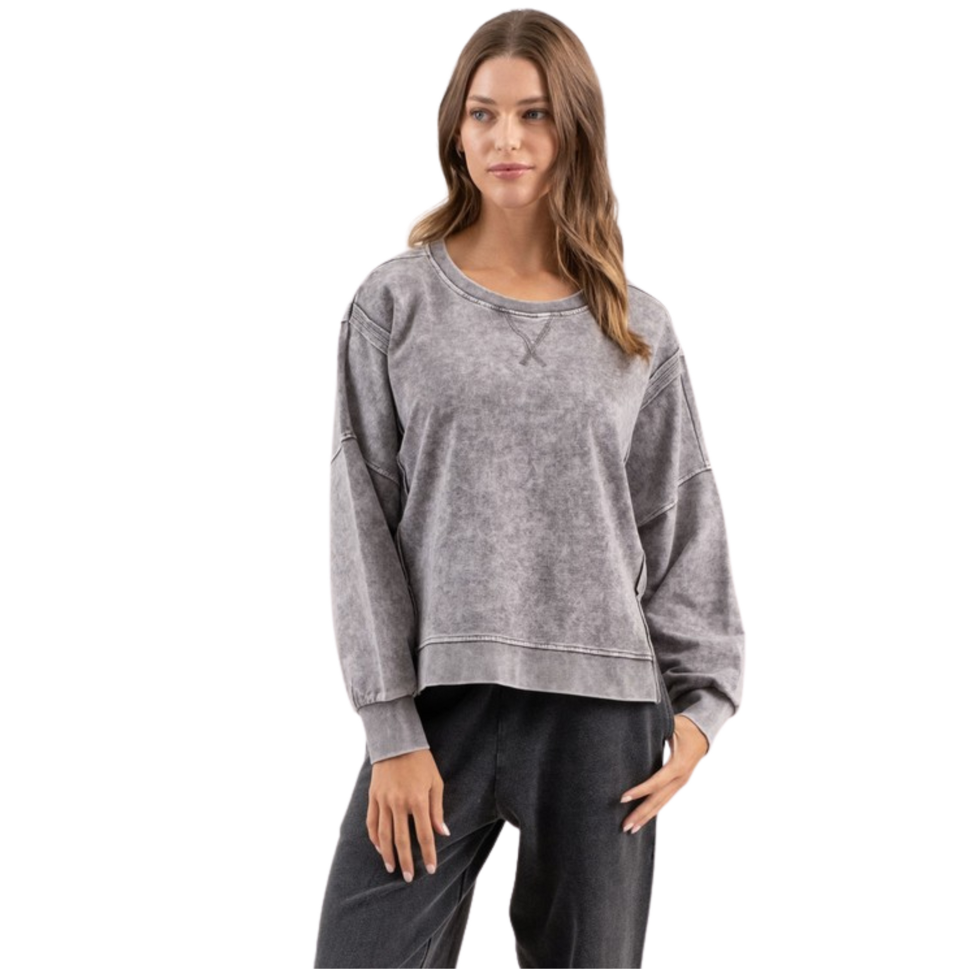 Expertly crafted with the plus size woman in mind, our Blu Pepper Extended Shoulder Knit Top in charcoal provides both comfort and style. Made with sweatshirt material, this top is perfect for a casual day out or lounging at home. Trust in Blu Pepper's quality and fit.