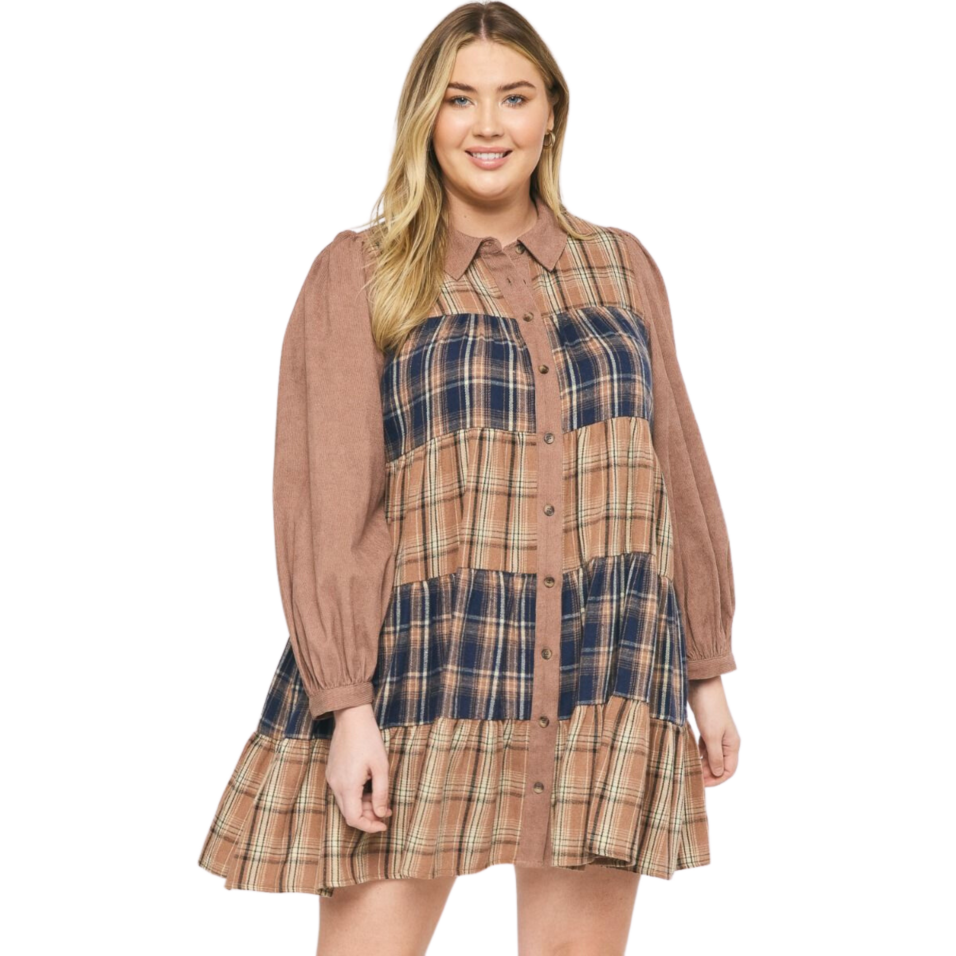 This corduroy plaid print mini dress is the perfect dress for any occasion. Made of lightweight, woven fabric, it features a classic collared neckline, long sleeves, and a tiered mini skirt. The mocha color provides a flattering finish.