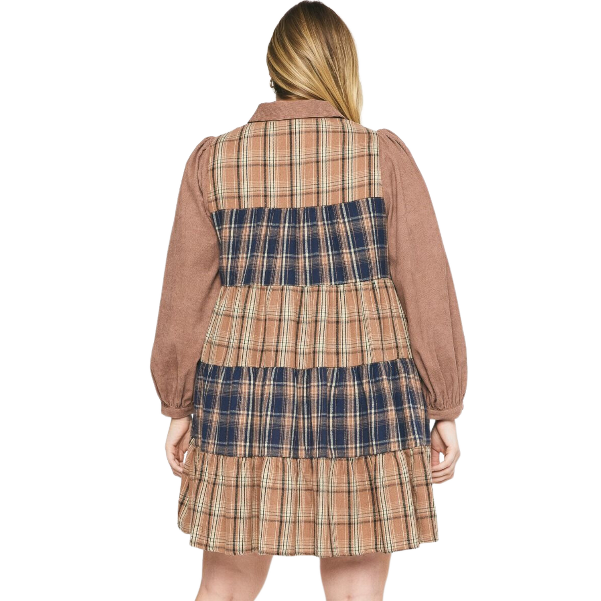 This corduroy plaid print mini dress is the perfect dress for any occasion. Made of lightweight, woven fabric, it features a classic collared neckline, long sleeves, and a tiered mini skirt. The mocha color provides a flattering finish.