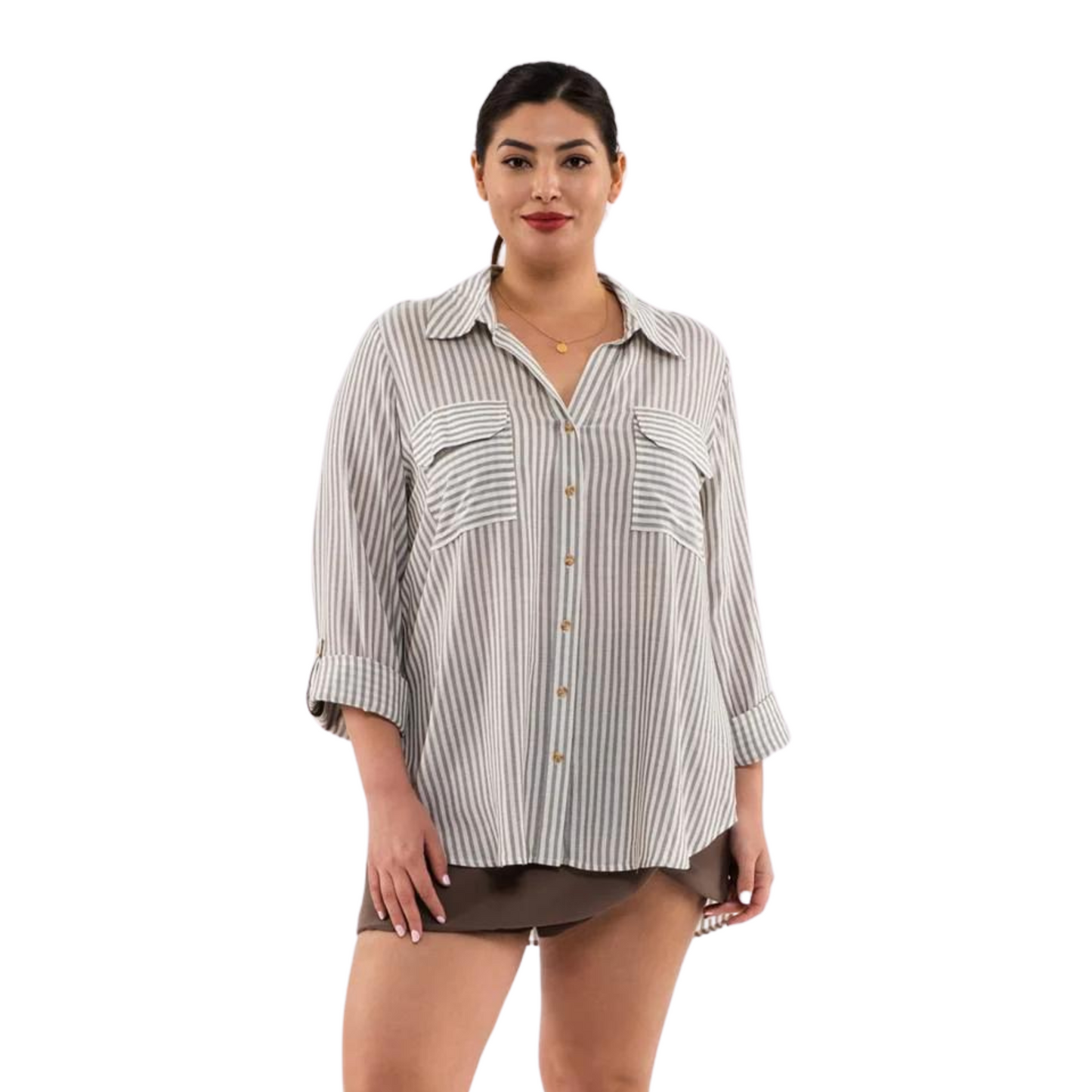Plus size lightweight woven top in olive stripe