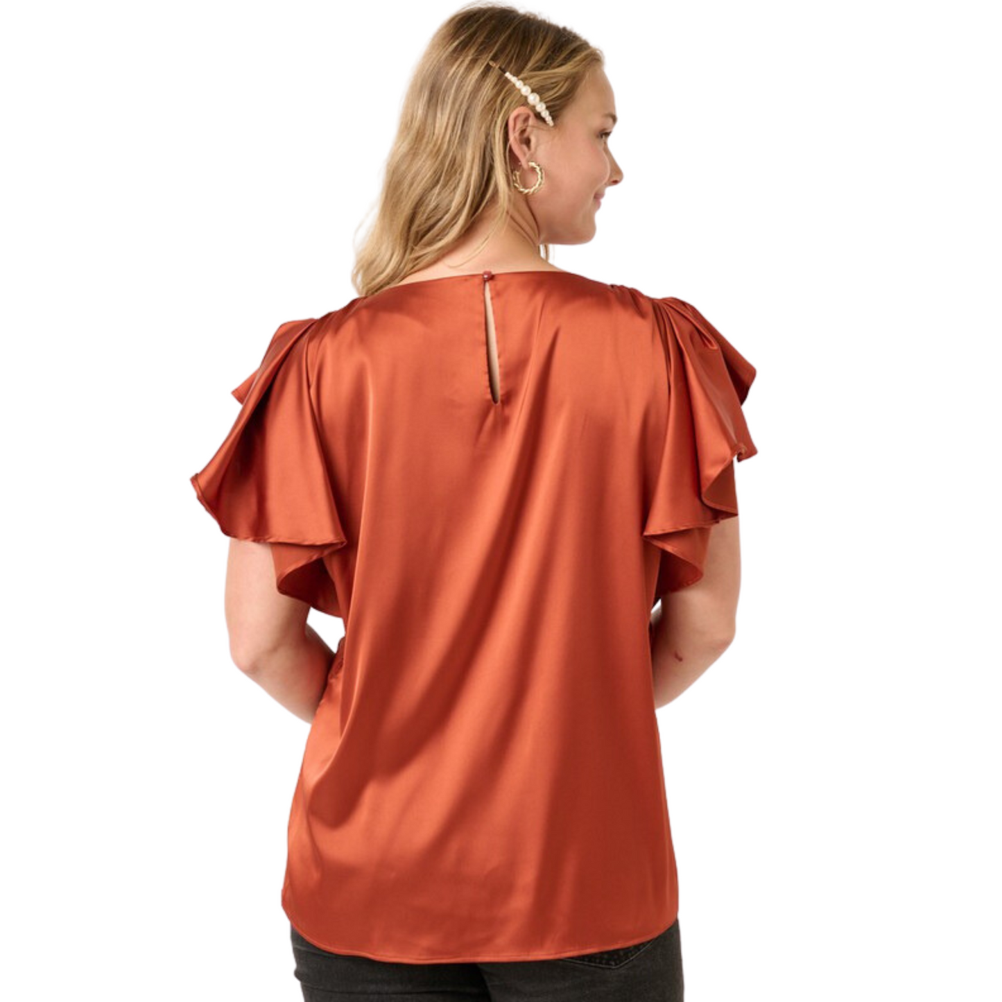 Plus size satin flutter sleeve top in rust
