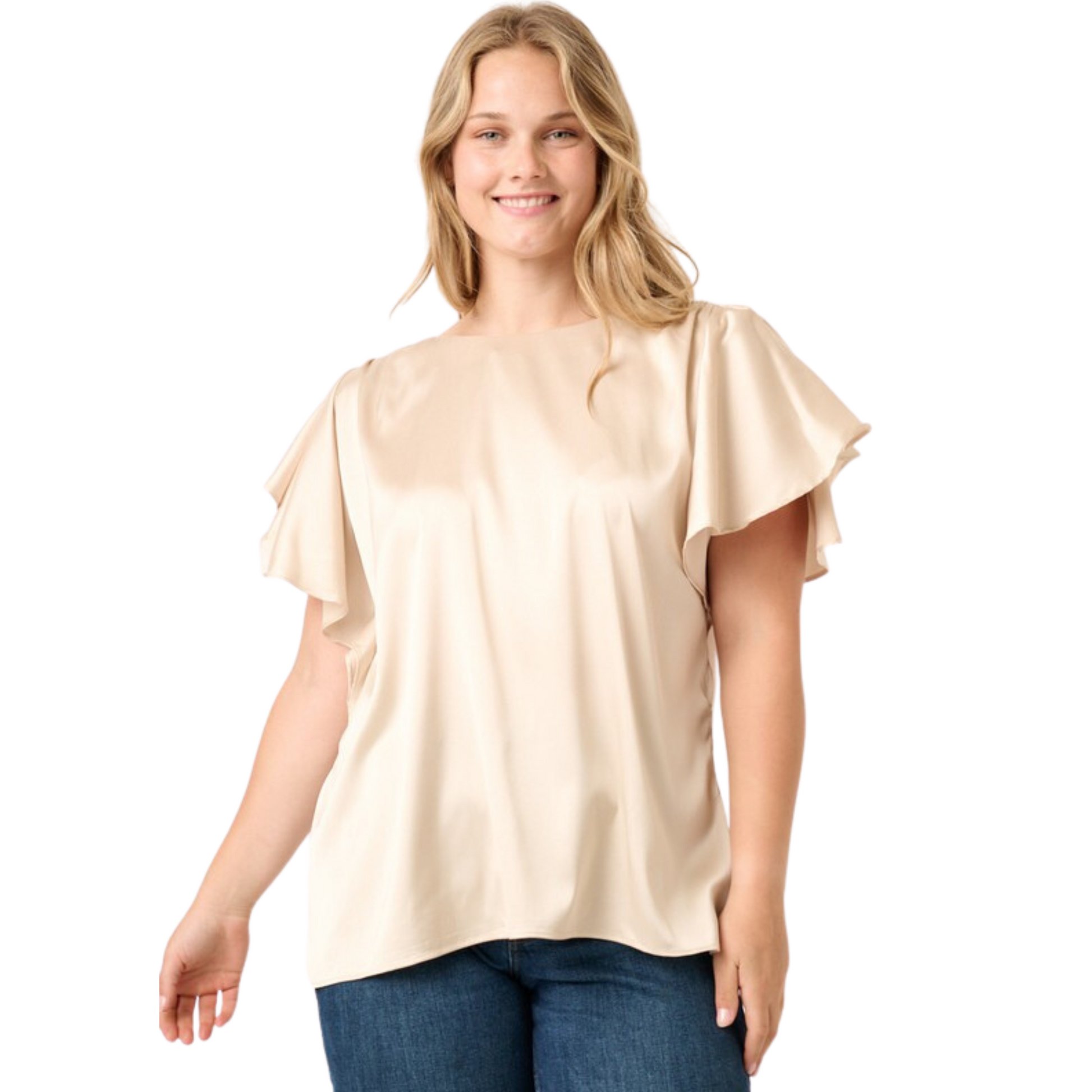 Plus size satin flutter sleeve top in sand