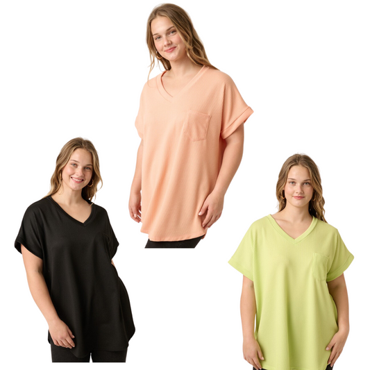 Add a touch of luxury to any outfit with this Texture Knit V-Neck Dolman Top. Featuring a V-neckline with a cuff band at the short sleeve, plus a single pocket detail, this top is crafted with a texture knit fabric for a lux feel. Curved hemline ensures a flattering fit and the melon, lime or black color options make it effortlessly stylish. Plus size available.