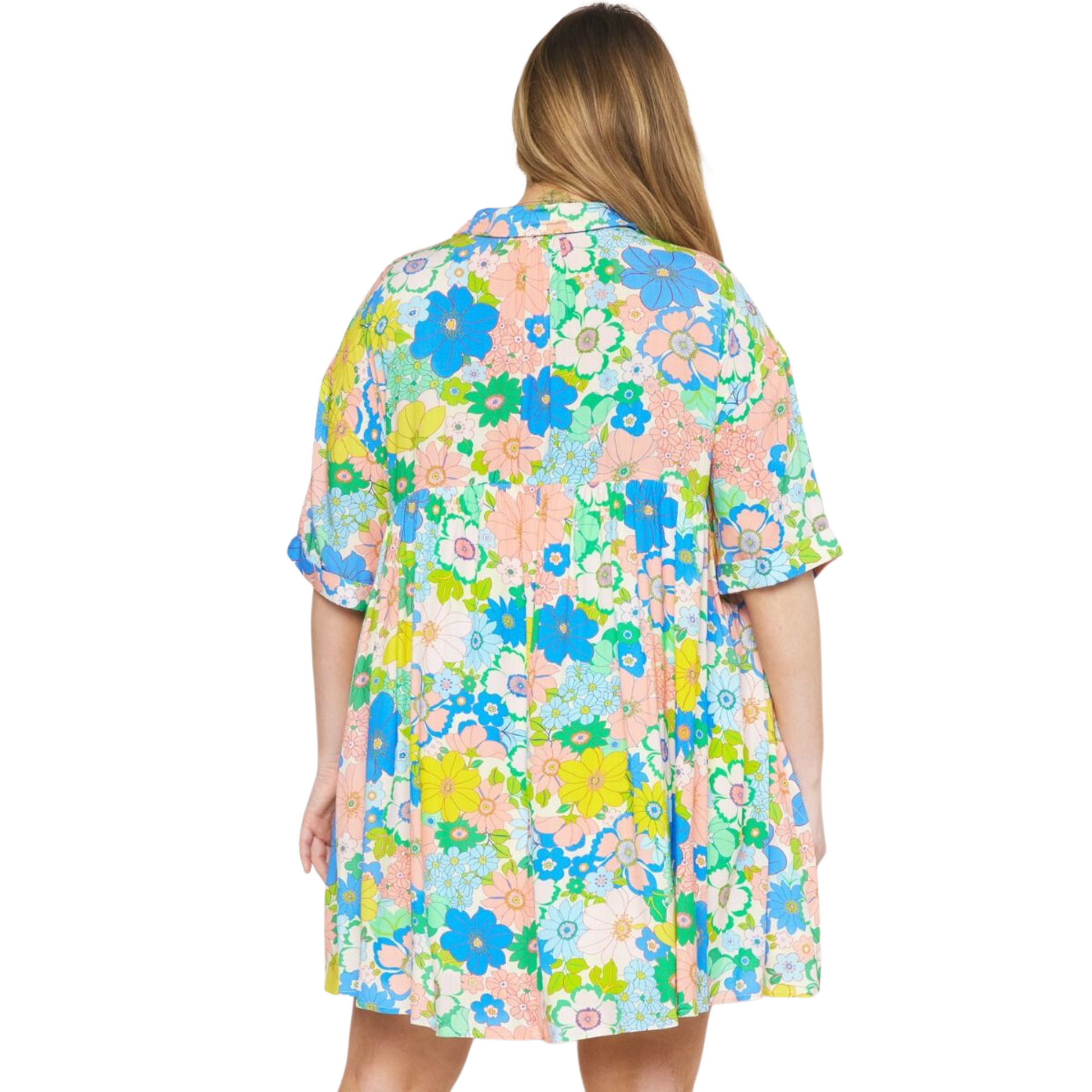 plus size floral button up mini dress. Features vivid colors