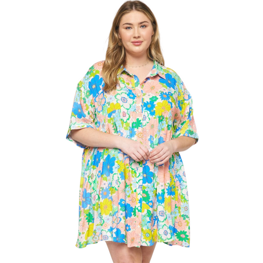 plus size floral mini dress. Very lightweight and features vivid spring colors