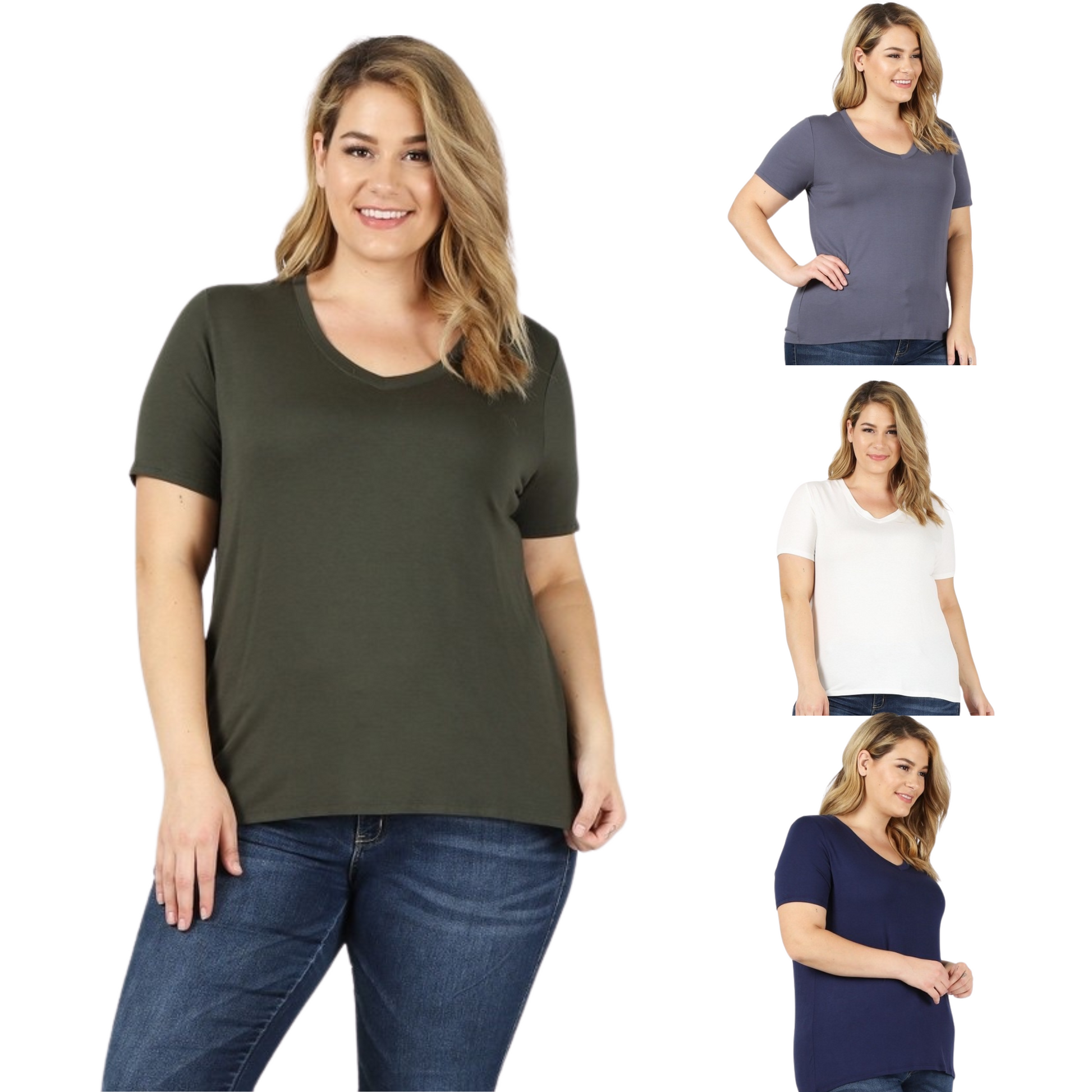 This V-Neck Tee is designed with plus size customers in mind, and is available in grey, navy, green, white, and black colors. It has a comfortable v neck and short sleeves, and is crafted from lightweight fabric. Perfect for casual and warm weather wear.