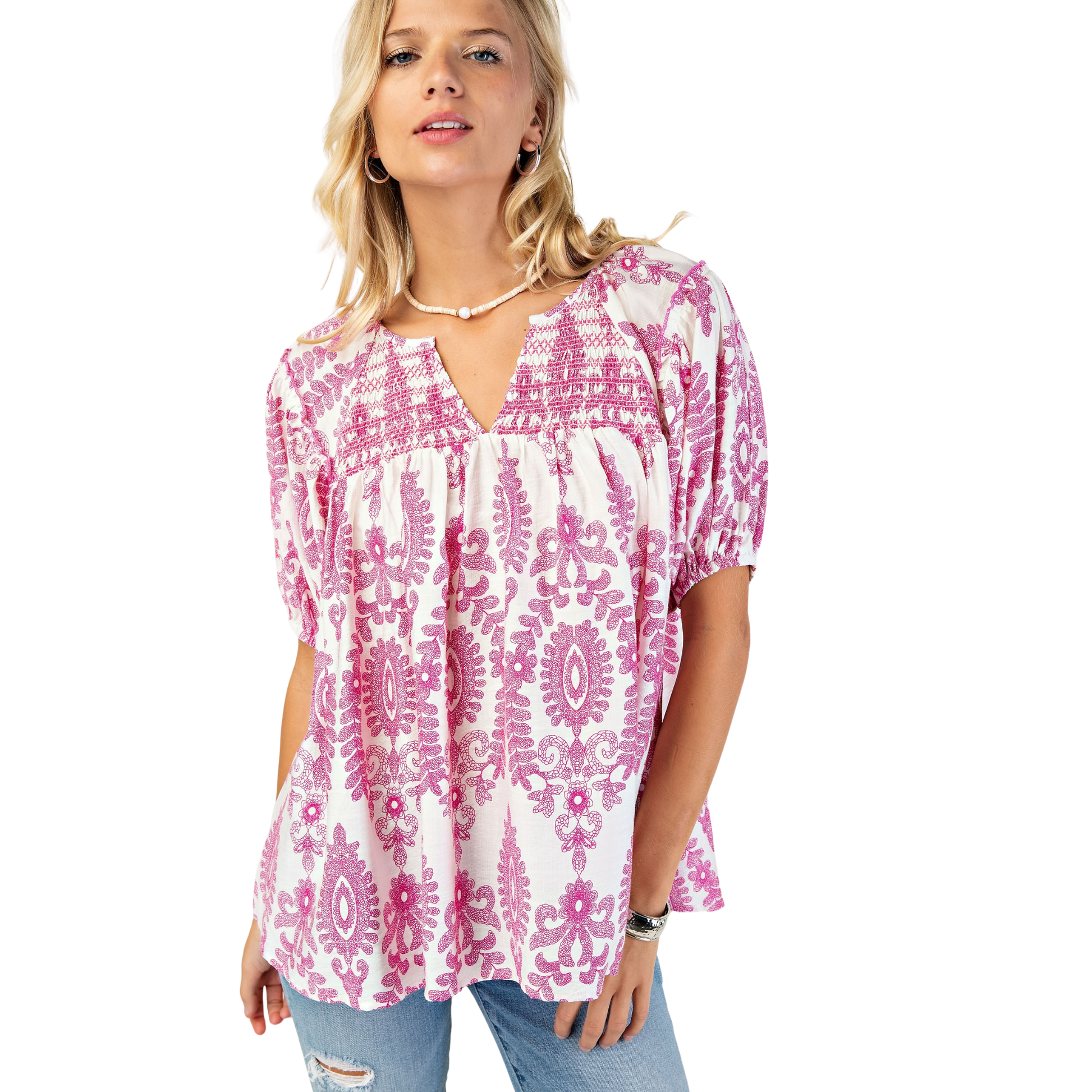 Elevate your casual wardrobe with this vibrant pink short sleeve top from GiGio. Featuring an eye-catching abstract print, this piece blends contemporary style with everyday comfort. Perfect for layering or wearing solo, it's an effortless addition to any outfit. The relaxed fit and breathable fabric make it ideal for warm weather wear. Express your unique style with this statement-making essential.