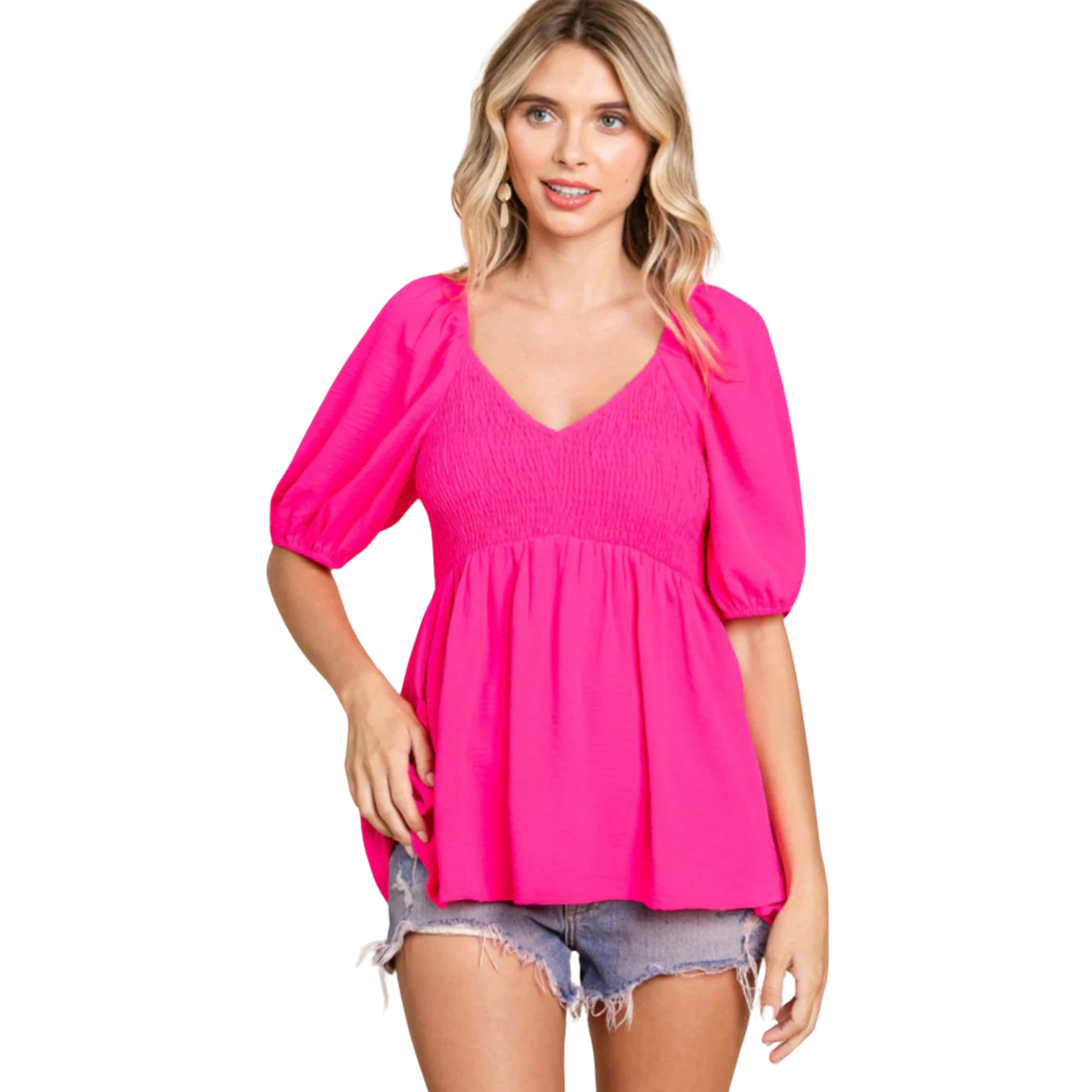 Expertly crafted with a smocked bodice and short peasant sleeves, this Solid V-Neck Babydoll Top offers a flattering and comfortable fit. Its lightweight and non-sheer material makes it an excellent choice for any occasion. Available in plus size, in a vibrant hot pink color.