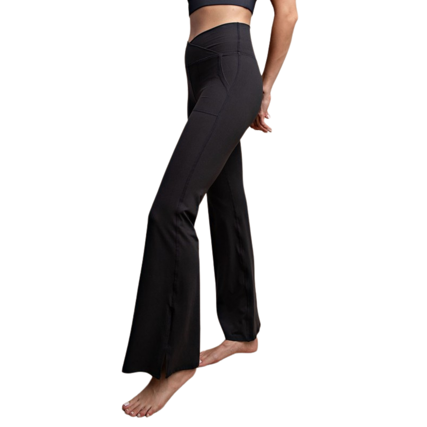 These black, full length butter yoga pants are designed for women and provide a buttery soft feel. The V waist and flared bell bottoms offer extra comfort and style, while the pockets provide convenience. Perfect for any yoga class or casual wear.