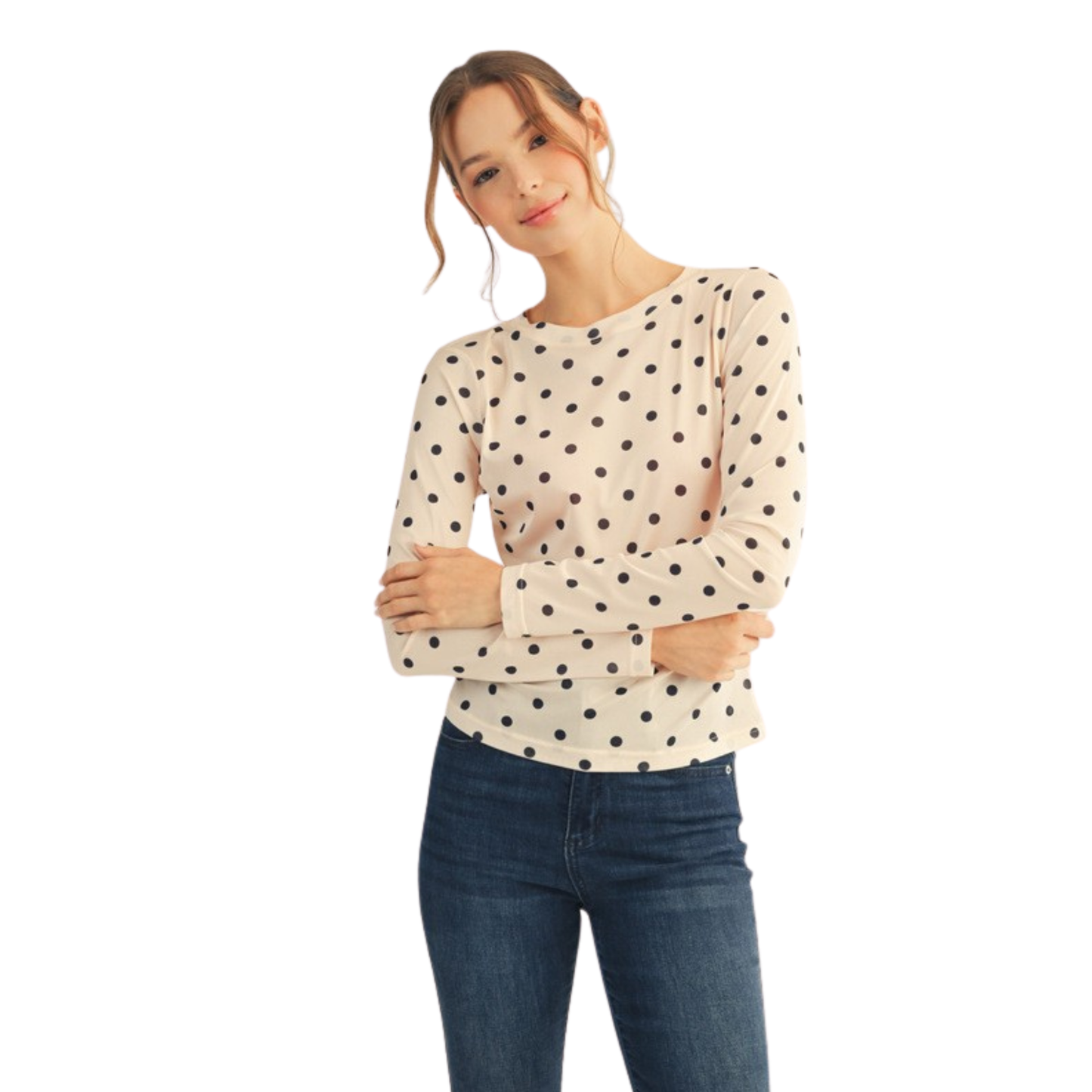 Elevate your wardrobe with this Jodifl fitted top, featuring a charming peach base adorned with delicate polka dots. The long sleeves provide versatile coverage while the tailored fit flatters your silhouette, making it an ideal choice for layering or wearing solo. Perfect for transitional seasons, this piece seamlessly moves from casual daytime looks to polished evening ensembles. The classic polka dot pattern adds timeless appeal to any outfit.