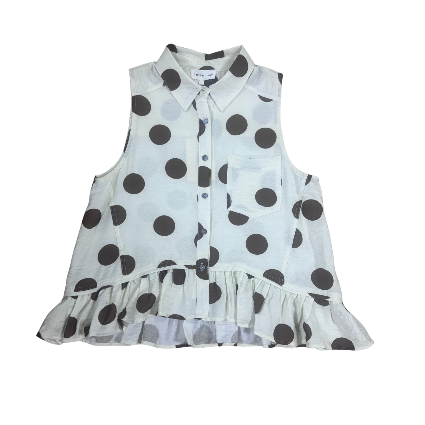 Elevate your casual wardrobe with this charming Entro collared button-up top. Featuring a sleeveless design and a timeless cream and brown polka dot pattern, it's perfect for layering or wearing solo. The classic button-front closure and structured collar add polish to any outfit, making it versatile enough for weekend brunches or office settings. A must-have piece for effortless style.