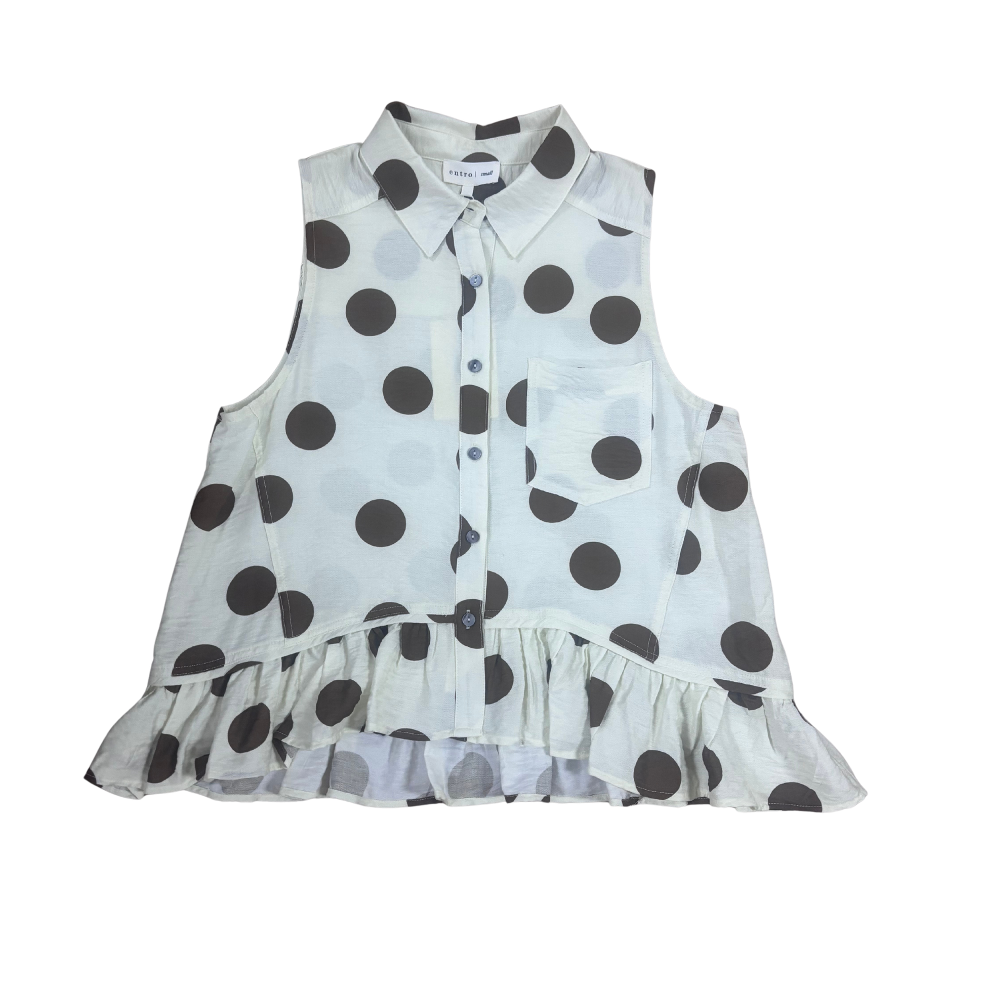 Elevate your casual wardrobe with this charming Entro collared button-up top. Featuring a sleeveless design and a timeless cream and brown polka dot pattern, it's perfect for layering or wearing solo. The classic button-front closure and structured collar add polish to any outfit, making it versatile enough for weekend brunches or office settings. A must-have piece for effortless style.