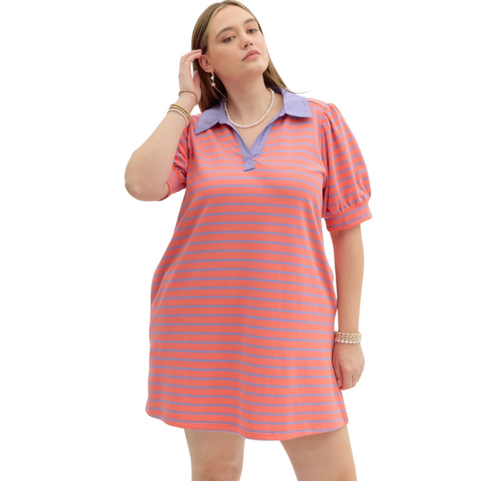 Stay stylish and comfortable with our V-Neck Puff Sleeve Mini Dress in a gorgeous grapefruit color. This collared polo dress by Entro is perfect for any occasion, adding a touch of sophistication to your wardrobe. Be the fashion expert with this trendy and versatile mini dress.