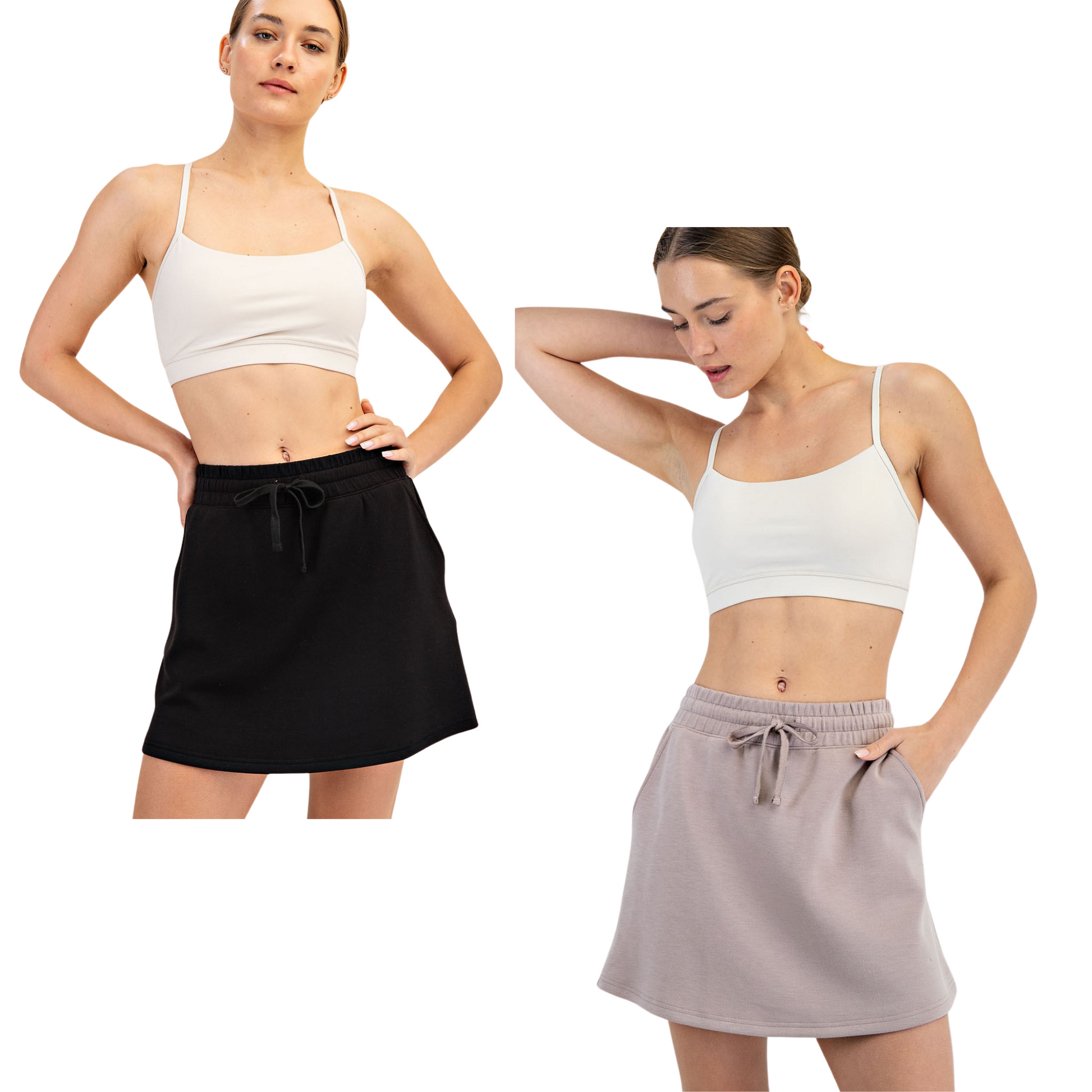 The Poly Span Skort by Rae Mode offers a versatile and stylish option for your wardrobe. Crafted with a comfortable drawstring waist, this mini skirt ensures a perfect fit while allowing easy adjustment. Available in classic black or light mocha, it pairs effortlessly with various outfits. Designed for both function and fashion, this skort combines the appeal of a skirt with the practicality of shorts underneath, ideal for active or casual wear.