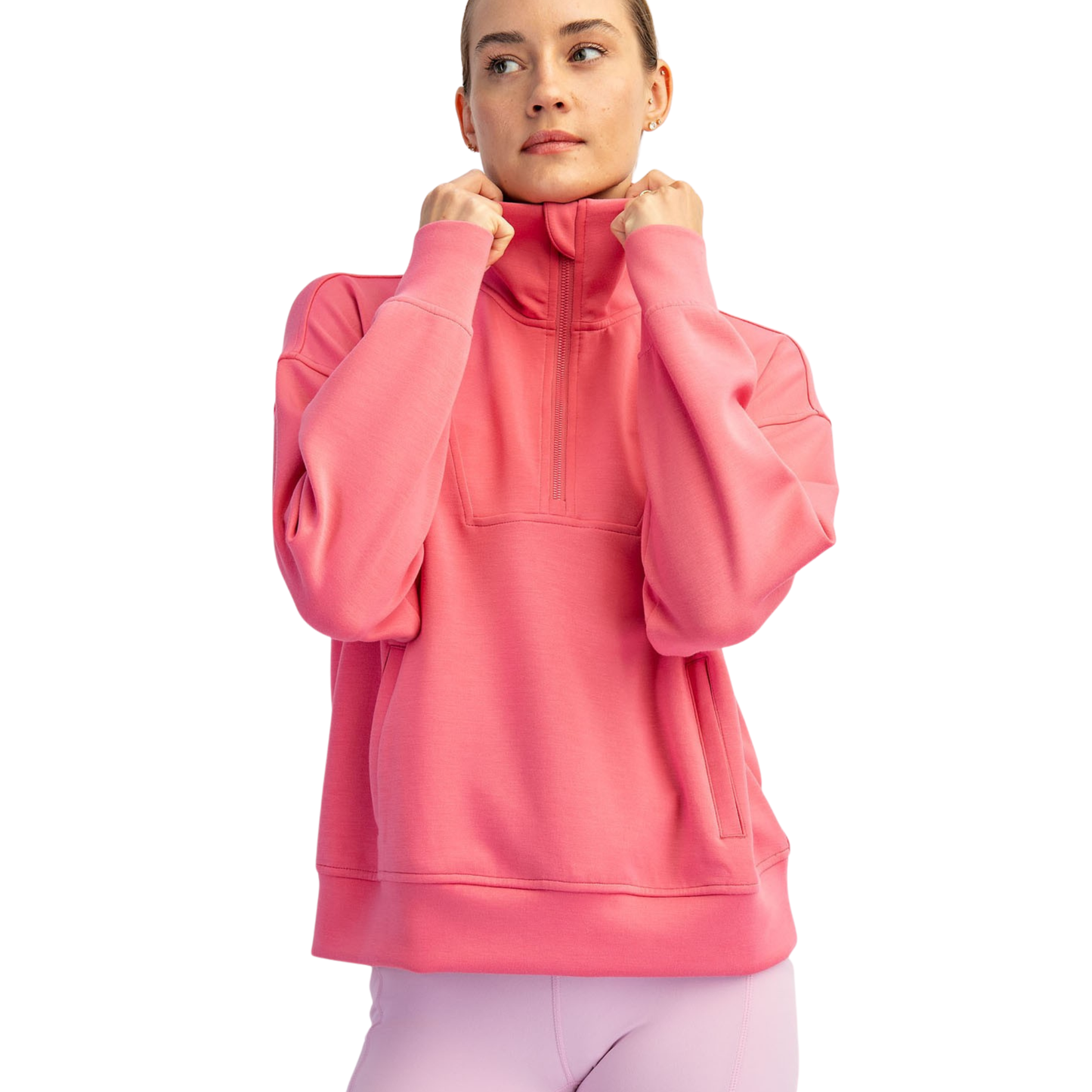 Elevate your activewear collection with this Modal Quarter Zip Pullover from Rae Mode. Crafted from a soft poly-span blend that moves with you, this pullover features a flattering mock neck and comes in a vibrant bright pink. Available in both regular and plus sizes, it's designed to fit and flatter every body. Perfect for layering during workouts or casual days when comfort is key.