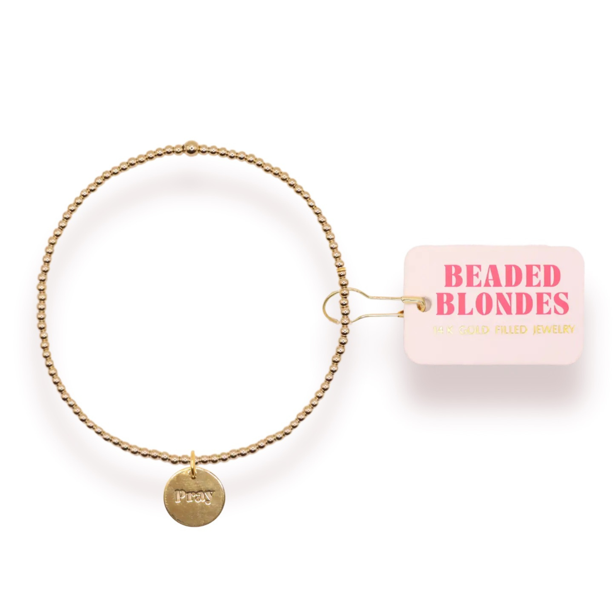 MM gold beaded stretch bracelet with gold Pray Coin charm.

Made from 14 k gold filled beads so perfect for everyday wear!

Sweat proof, water proof and tarnish free!

Handstrung with love in College Station, Texas.&nbsp;
