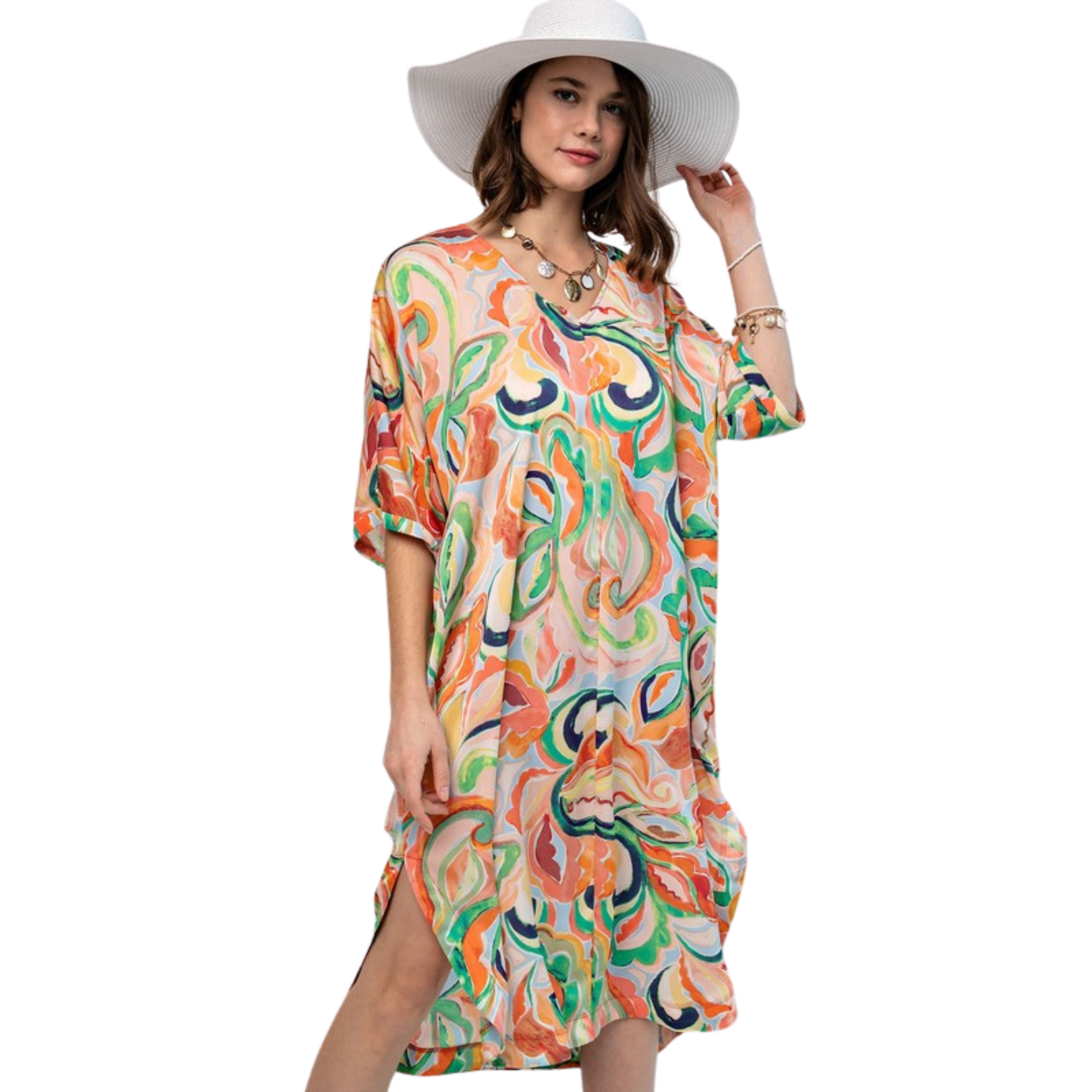 This Printed Dobby Dress is designed to fit any body type. The lightweight midi length, plus size silhouette ensures day-long comfort. Perfect for any casual occasion, this dress is sure to become a wardrobe staple.