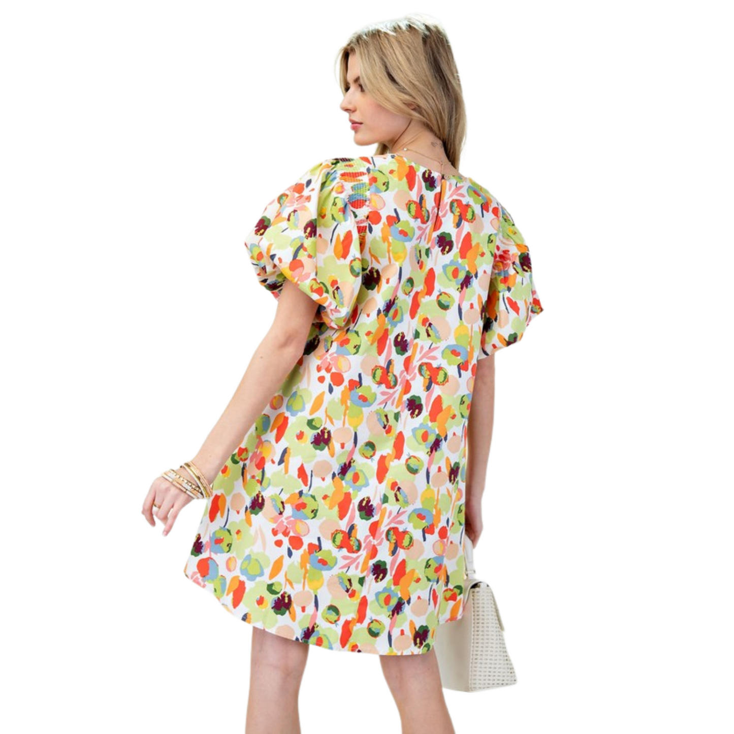 Upgrade your wardrobe with our Bubble Sleeve Mini Dress! Made from printed cotton poplin, this A-line dress features short bubble sleeves with smocked shoulders for added comfort. Equipped with side pockets, the multicolor abstract print design adds a touch of playfulness to this coral-colored dress. With a back button closure, this above knee dress length offers a relaxed and loose fit, perfect for any plus size individual.