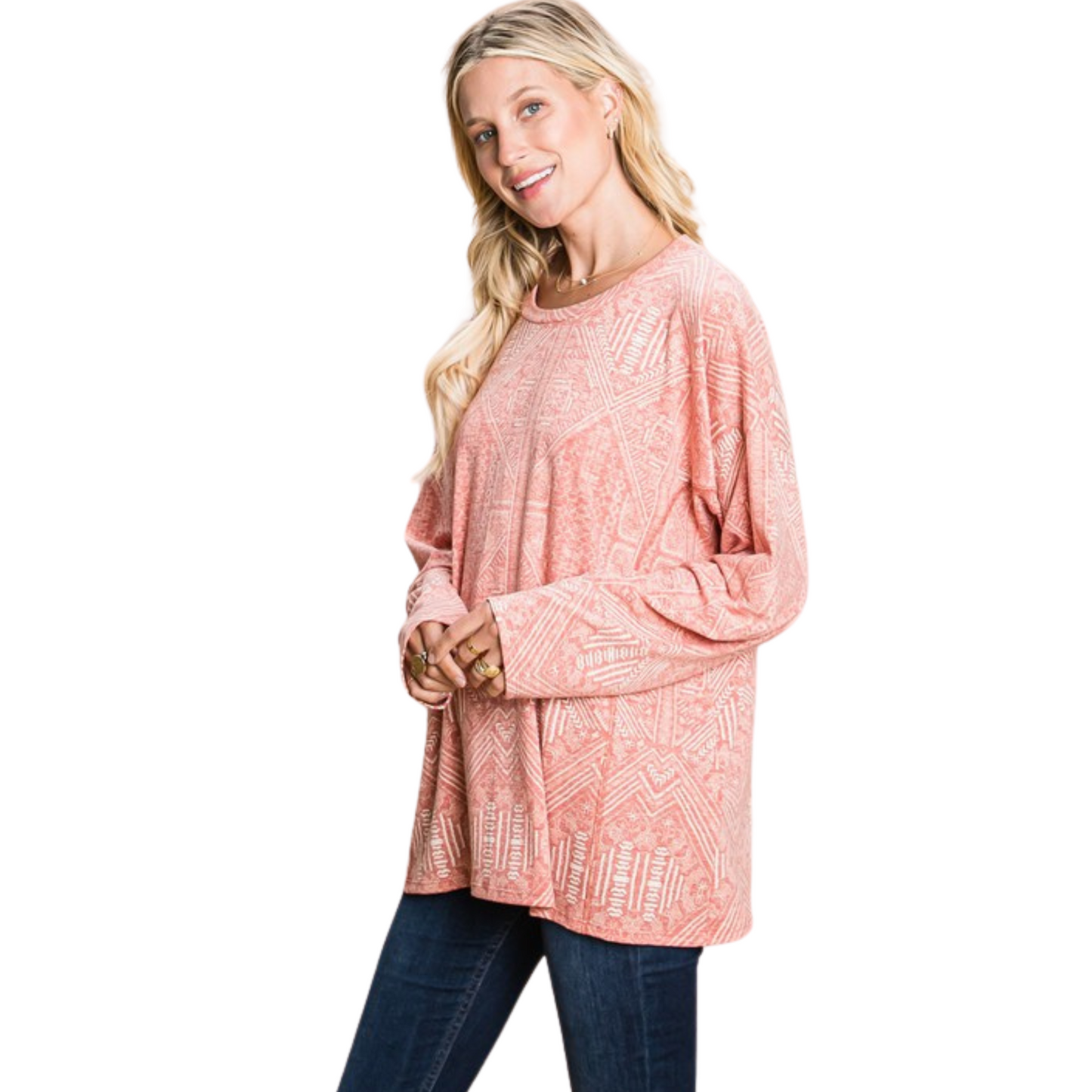 Stay comfortable and stylish with this Printed Round Neck Long Sleeve Top. This plus size top is designed with a loose fit, a long sleeve construction, and a stunning pink color. Ideal for any casual occasion, this top offers a comfortable fit and a great look.