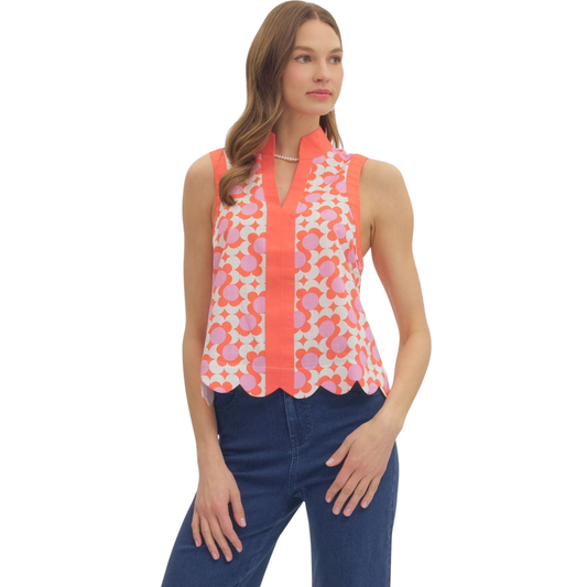 Elevate your casual wardrobe with this striking Entro sleeveless top. The vibrant coral abstract print adds visual interest and pairs effortlessly with denim or tailored pants. Cut with a flattering v-neckline and sleeveless silhouette, it's perfect for warm weather styling or layering under jackets. A versatile piece that transitions seamlessly from day to night.