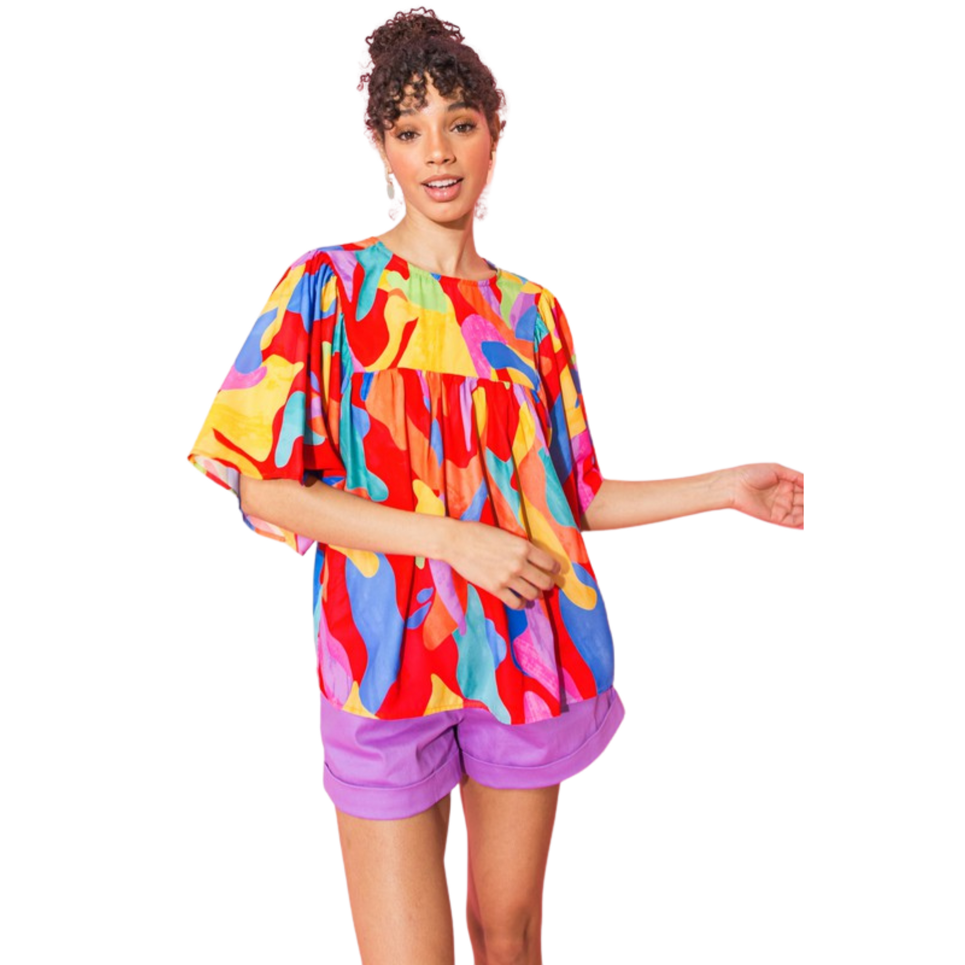 A printed woven top featuring round neckline, square yoke,&nbsp;short flutter sleeve and back neck button closure 