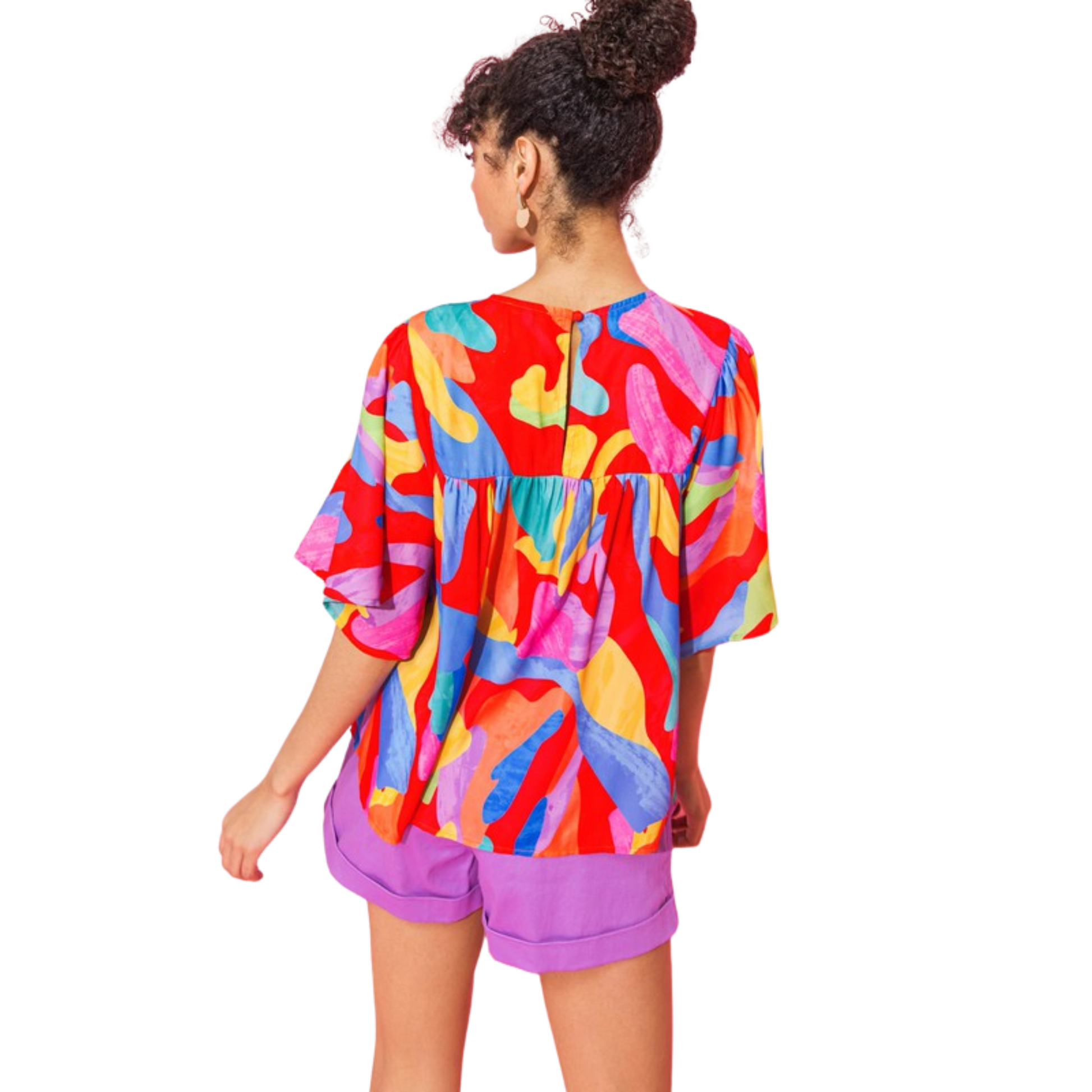 A printed woven top featuring round neckline, square yoke,&nbsp;short flutter sleeve and back neck button closure 