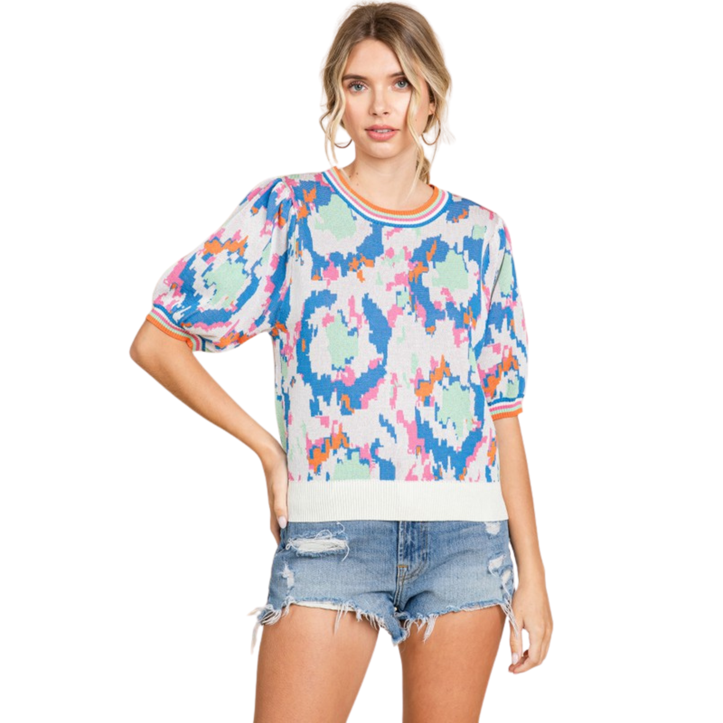 The Print Shot Bubble Sleeve Top from Jodifl combines contemporary design with everyday wearability. This short-sleeve sweater features an eye-catching abstract print that adds visual interest to your wardrobe staples. The signature bubble sleeves provide a modern silhouette while maintaining comfort for all-day wear. Perfect for layering or wearing solo, this versatile piece transitions seamlessly from casual outings to relaxed office settings.