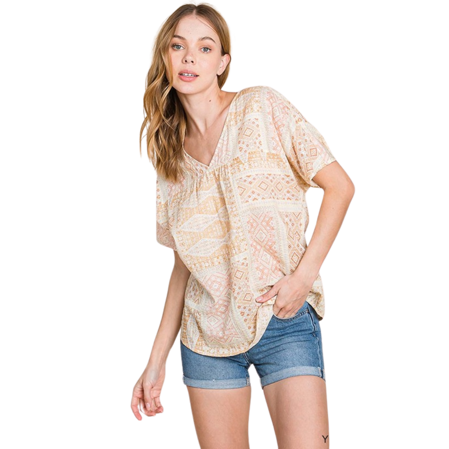 <p>Stay cool and comfortable in this stunning Print V-Neck Top. Expertly crafted from a lightweight fabric, this top features a vivid yellow and white color combination and stylish V neckline with short sleeves. Perfect for casual summer occasions.</p> <pre></pre>