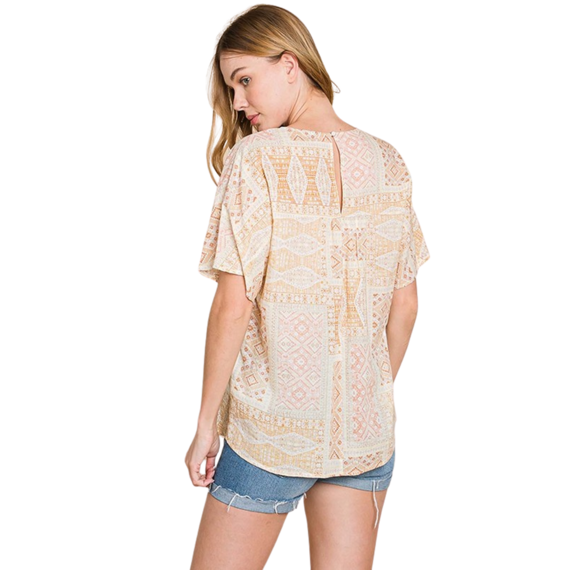 <p>Stay cool and comfortable in this stunning Print V-Neck Top. Expertly crafted from a lightweight fabric, this top features a vivid yellow and white color combination and stylish V neckline with short sleeves. Perfect for casual summer occasions.</p> <pre></pre>