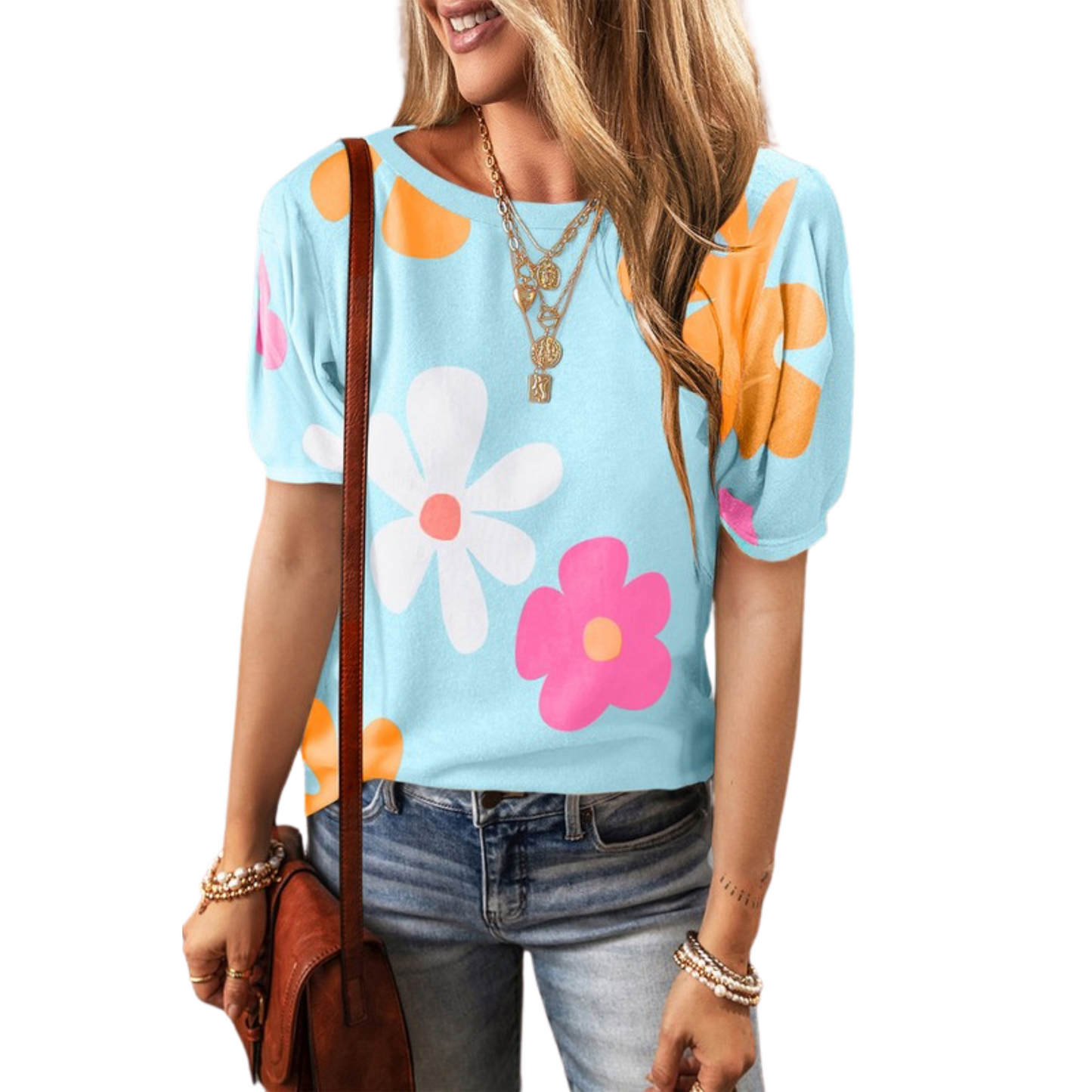 Enhance your wardrobe with our Bubble Sleeve Top from Aiwee Fashion. This elegant top features a beautiful flower print that adds a touch of femininity to your outfit. The bubble sleeves and short sleeve design provide both comfort and style. Available in a stunning blue color, perfect for any occasion.