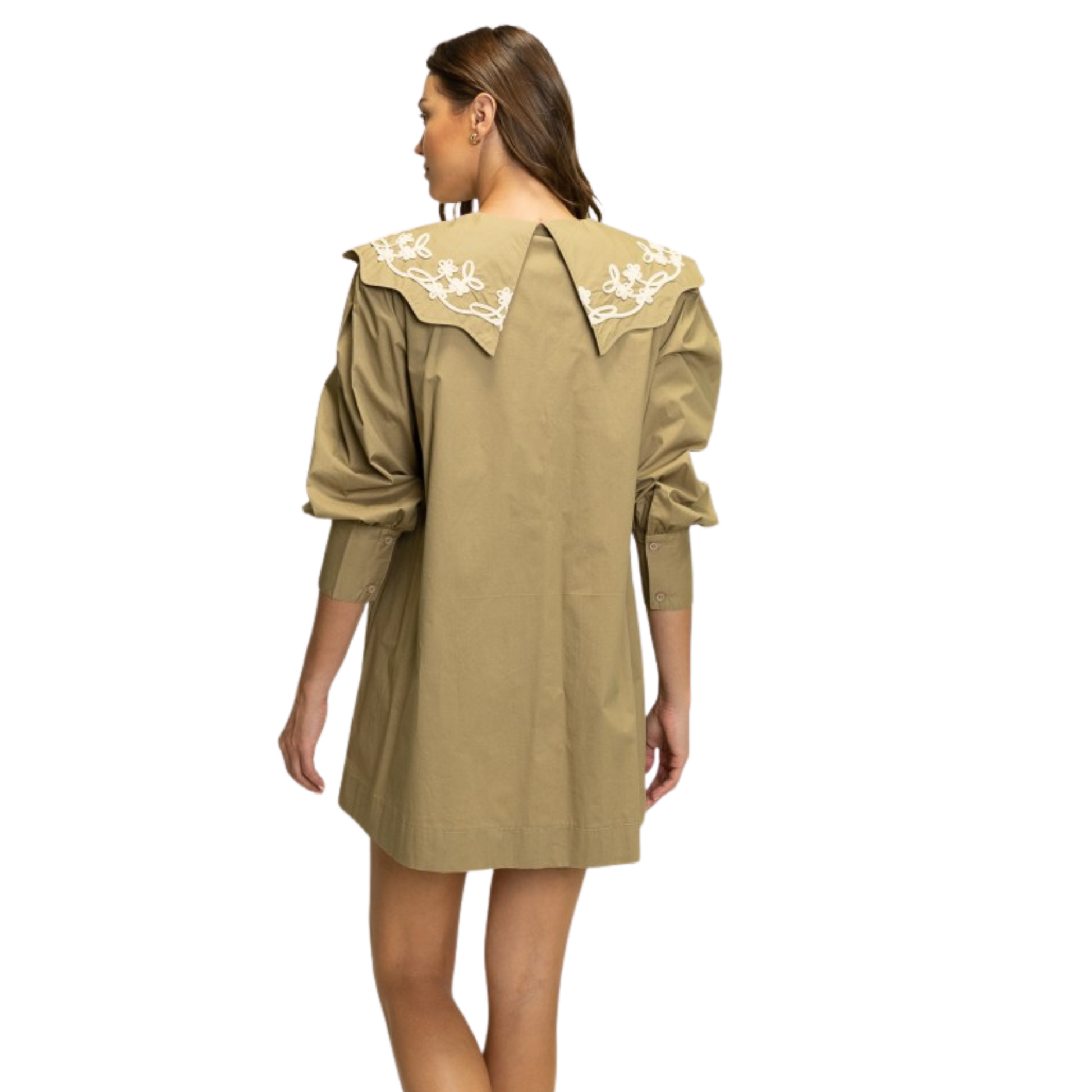 Elevate your wardrobe with this HEYSON puff sleeve mini dress in a sophisticated olive hue. The delicate embroidered collar adds refined detail and visual interest, while the voluminous sleeves create a flattering silhouette. Perfect for transitional styling, this piece works equally well dressed up for evening occasions or paired casually with sneakers for daytime wear. The mini length offers a modern, youthful cut that flatters various body types. A versatile essential that bridges seasonal wardrobes with