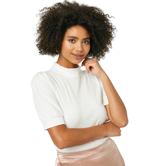 This Textured Puff Sleeve Top is crafted from a ribbed knit fabric, making it comfortable to wear. The high banded neckline and pull-on silhouette make it easy to style with any outfit. The off-white coloring is perfect for creating a soft and feminine look.