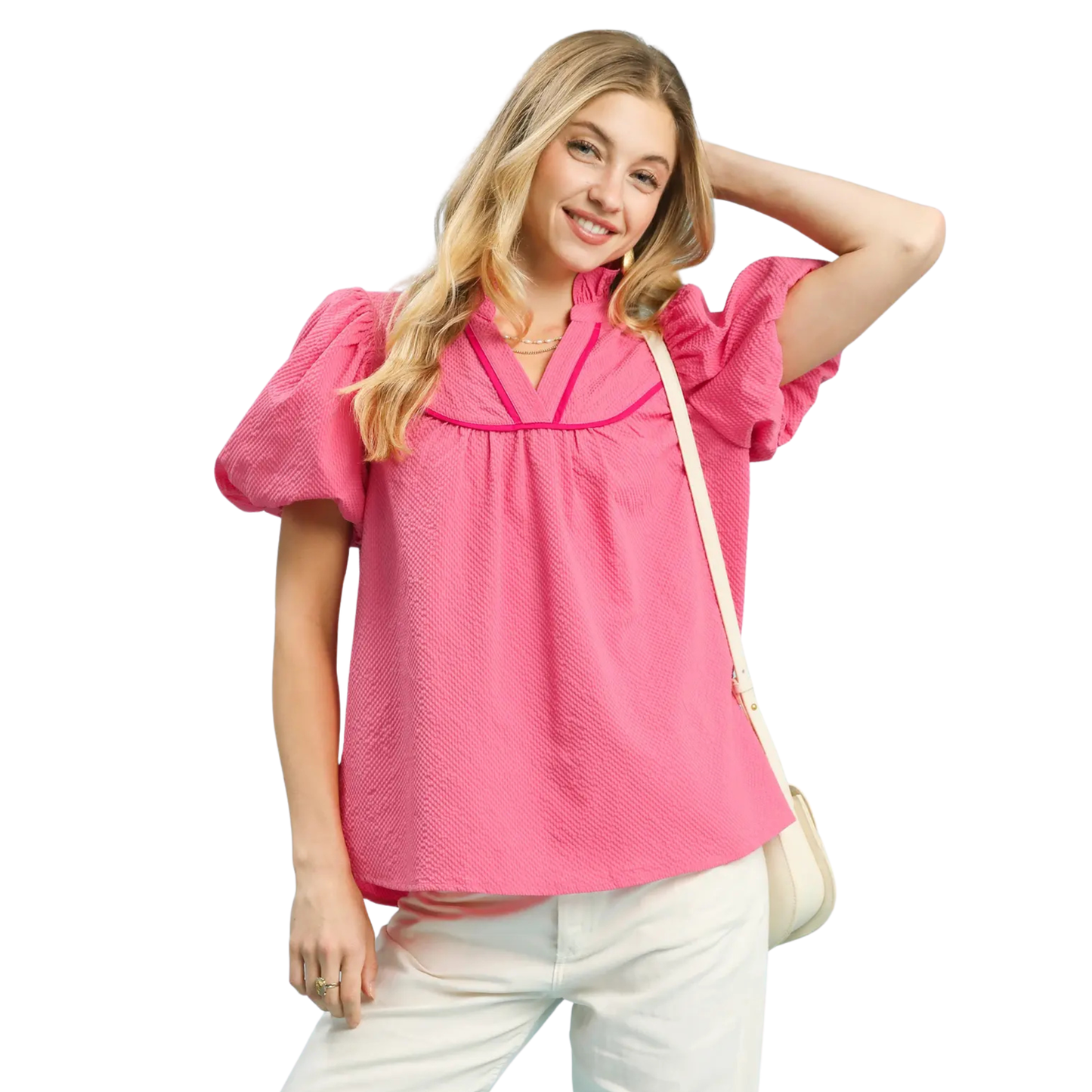 Elevate your wardrobe with this sophisticated Umgee puff sleeve v-neck top in a romantic peony hue. The flattering v-neckline creates a refined silhouette, while delicate ruffle detailing at the collar adds feminine charm and visual interest. Voluminous puff sleeves deliver contemporary style with a touch of vintage-inspired elegance. Crafted with Umgee's signature quality construction, this versatile piece transitions seamlessly from casual daytime wear to evening occasions. Perfect for layering or wearing