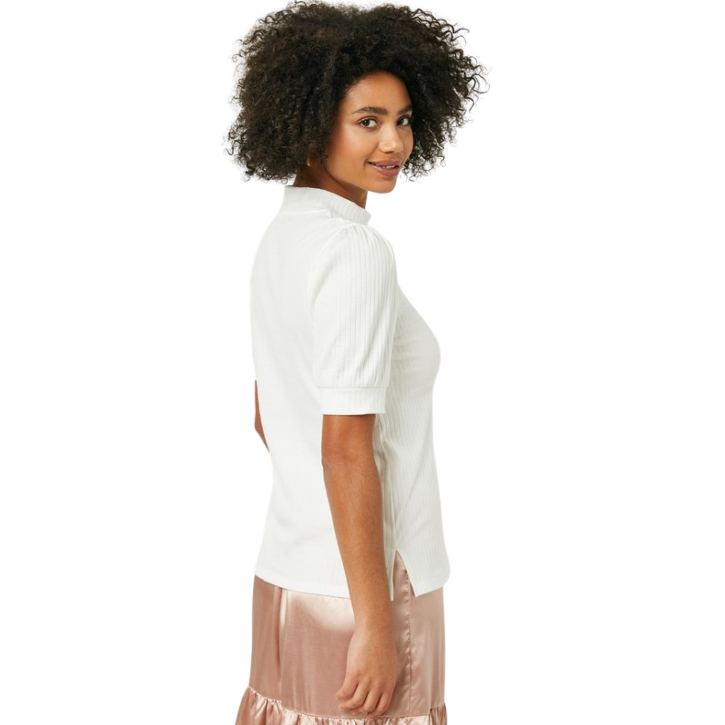 This Textured Puff Sleeve Top is crafted from a ribbed knit fabric, making it comfortable to wear. The high banded neckline and pull-on silhouette make it easy to style with any outfit. The off-white coloring is perfect for creating a soft and feminine look.