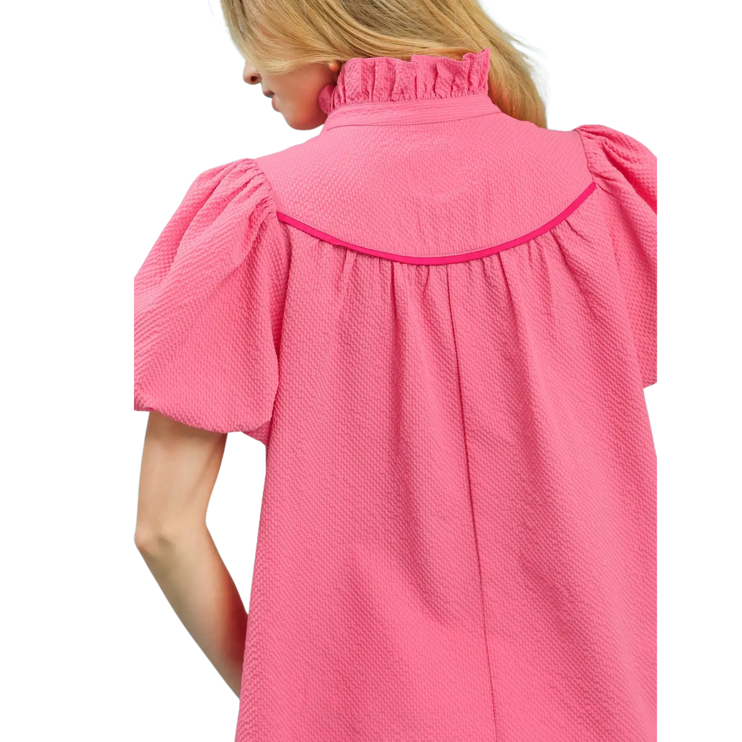 Elevate your wardrobe with this sophisticated Umgee puff sleeve v-neck top in a romantic peony hue. The flattering v-neckline creates a refined silhouette, while delicate ruffle detailing at the collar adds feminine charm and visual interest. Voluminous puff sleeves deliver contemporary style with a touch of vintage-inspired elegance. Crafted with Umgee's signature quality construction, this versatile piece transitions seamlessly from casual daytime wear to evening occasions. Perfect for layering or wearing