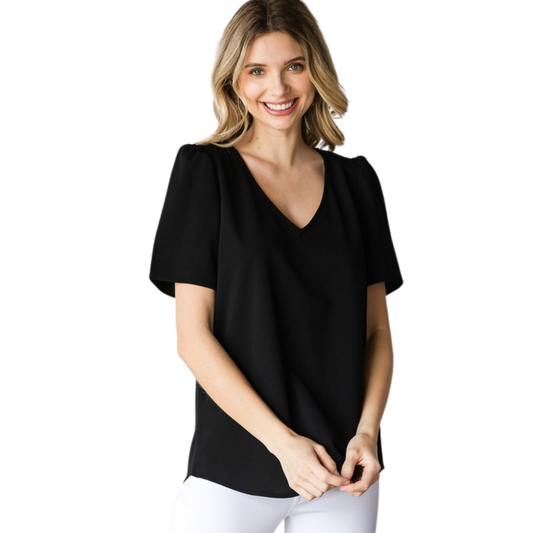 This Puff Sleeve V-Neck Top is perfect for the office or weekend outing. It features a flattering V-neck and short sleeves made of a comfortable and breathable fabric. The black color makes it ideal for pairing with a variety of outfits.0