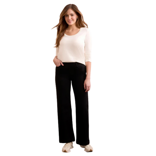 The Audrey Boundless Pull-on Jeans from Tribal offer a sleek black silhouette with the comfort of stretch fabric. Designed with a flattering flare cut, these jeans provide ease of movement and a modern, elongated look. The pull-on style ensures a seamless fit without the hassle of traditional closures, making them a versatile addition to any wardrobe. Perfect for those who value both style and comfort.