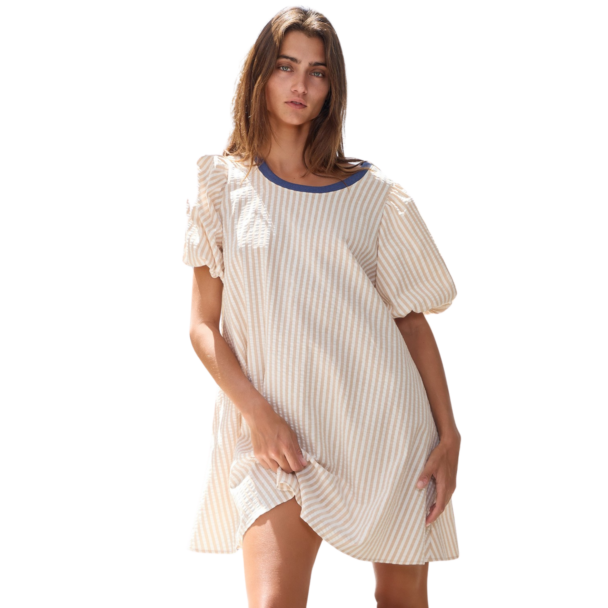 Indulge in effortless style with our Puff Sleeve Pullover Dress. The stripe print seersucker fabric adds a touch of playfulness to this versatile dress, perfect for any occasion. The puff-inspired short sleeves and scoop neckline add a unique flair, while the side-seam pockets and billowy silhouette provide both comfort and functionality. Available in a chic cream color.