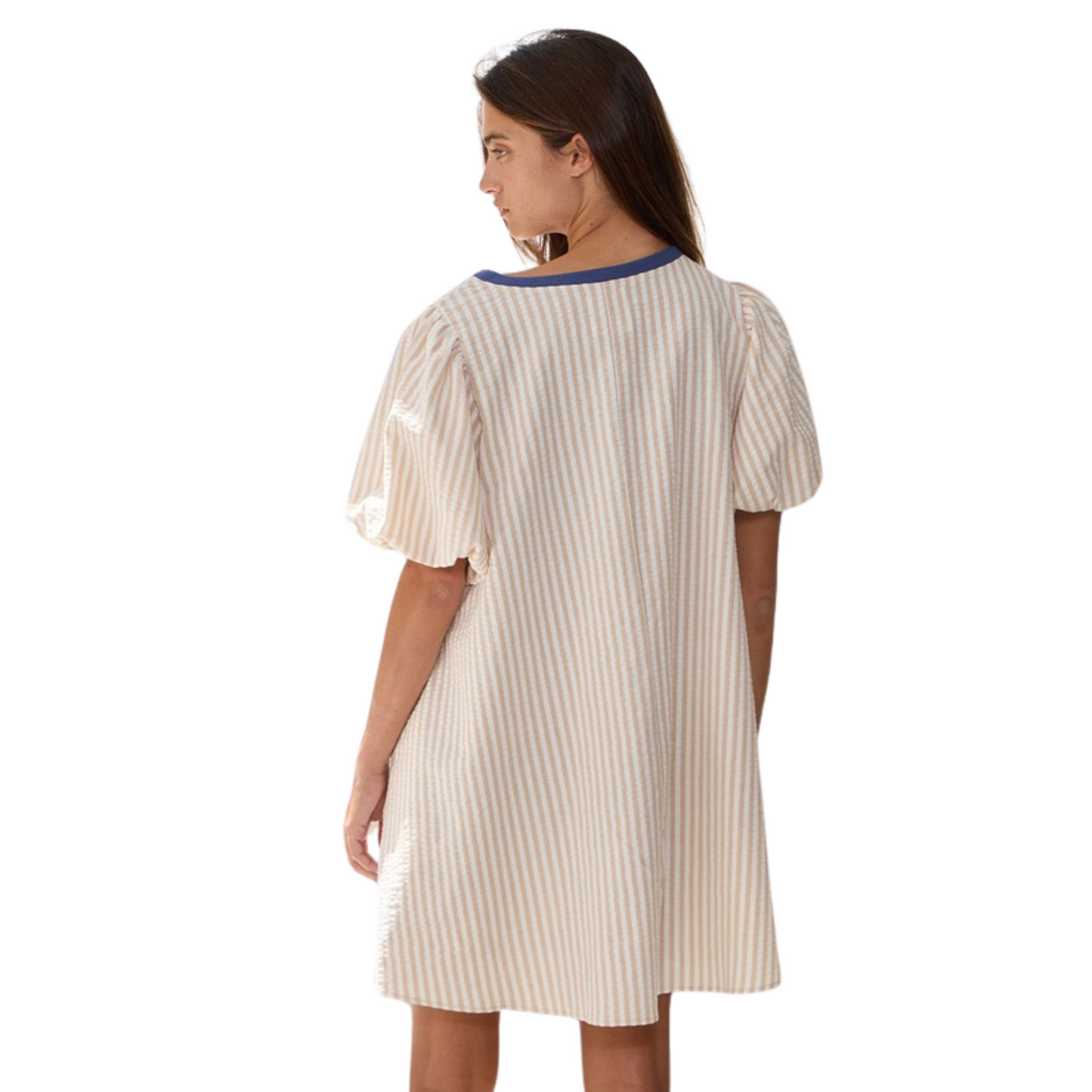 Indulge in effortless style with our Puff Sleeve Pullover Dress. The stripe print seersucker fabric adds a touch of playfulness to this versatile dress, perfect for any occasion. The puff-inspired short sleeves and scoop neckline add a unique flair, while the side-seam pockets and billowy silhouette provide both comfort and functionality. Available in a chic cream color.