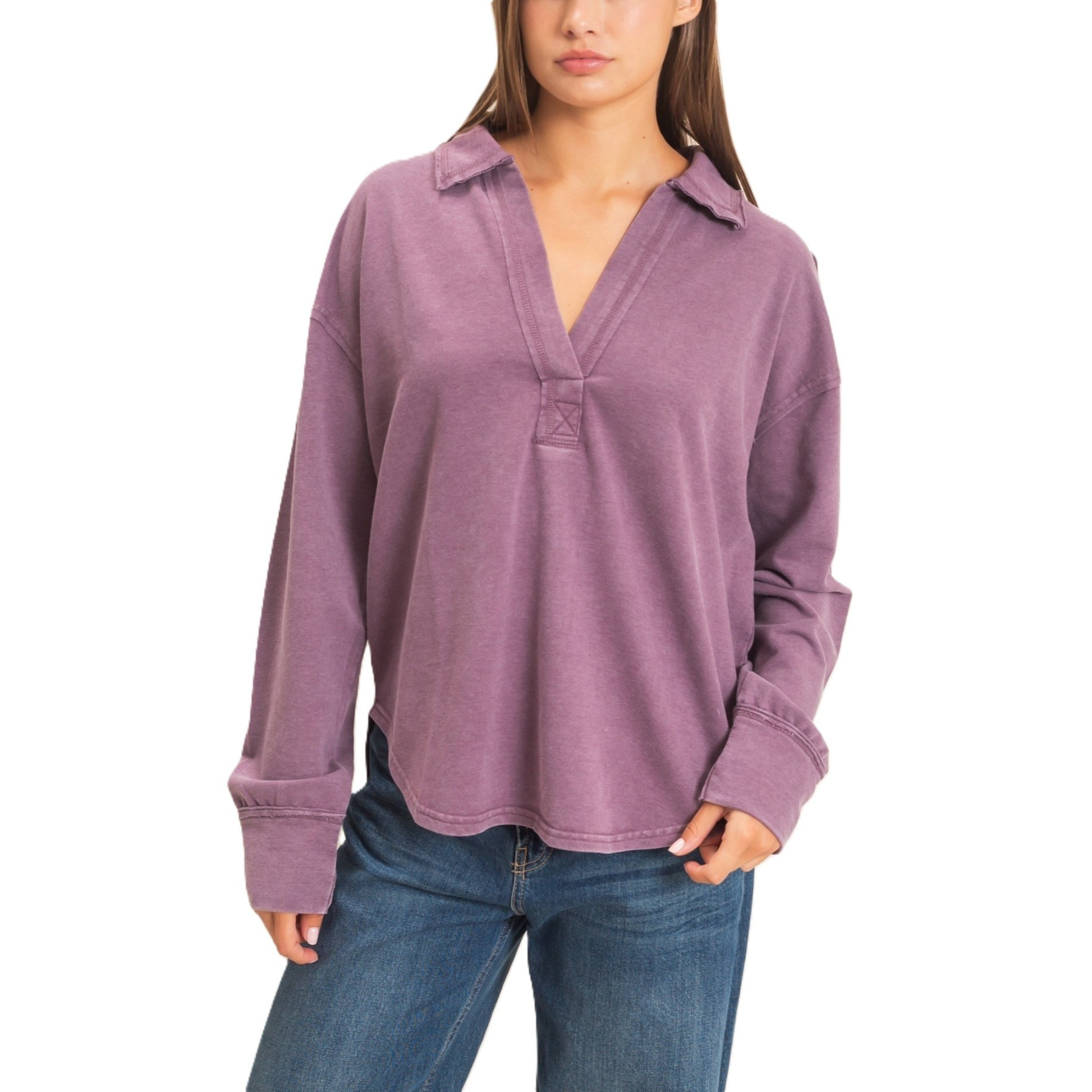 Elevate your everyday wardrobe with this classic V-Neck Pullover Top from Double Zero. Crafted in a rich purple hue, this long-sleeve essential features a flattering v-neckline that works beautifully for layering or wearing solo. The relaxed fit and quality construction make it perfect for casual outings, work, or cozy nights in. A versatile piece that pairs effortlessly with jeans, skirts, or trousers.
