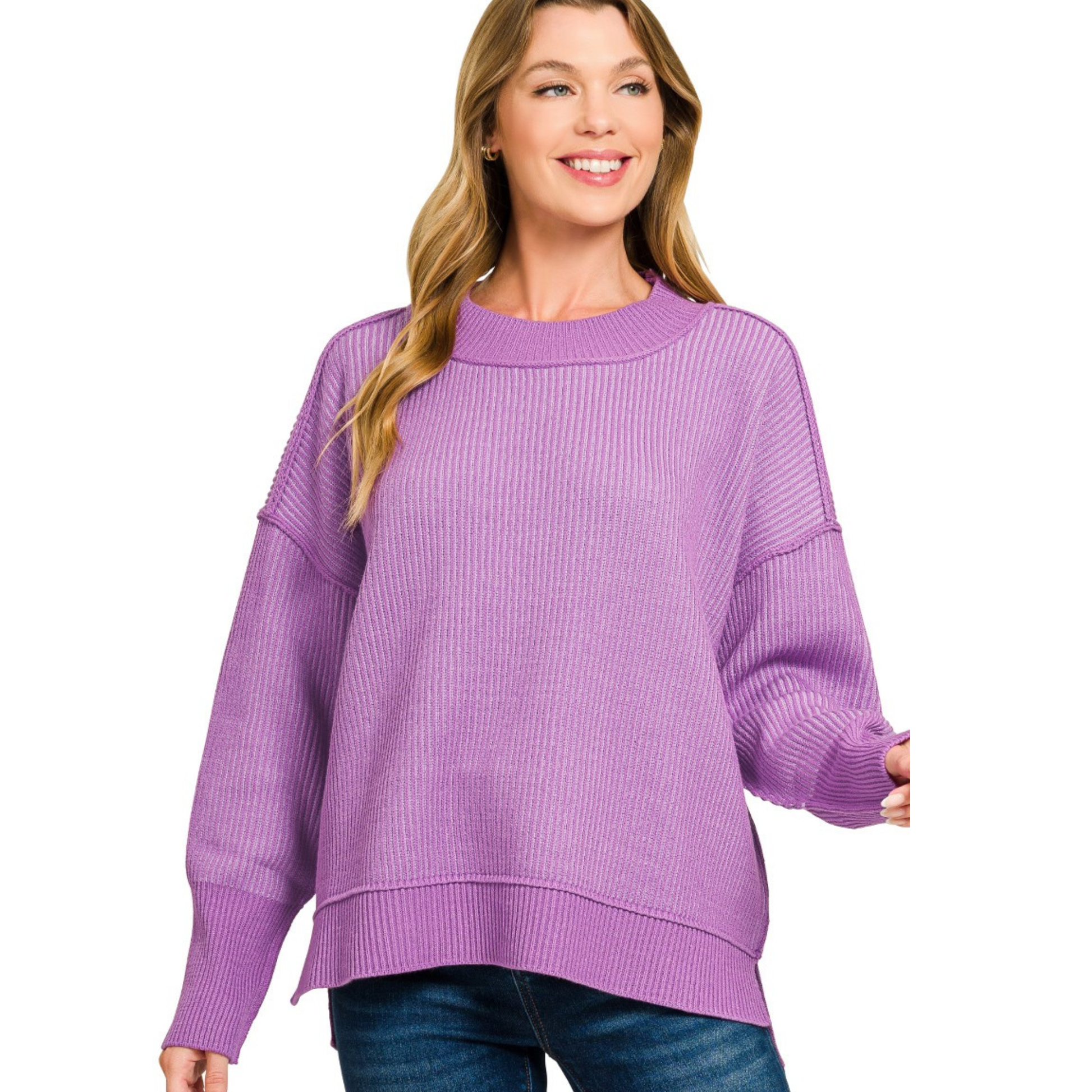 Exposed seam sweater in purple